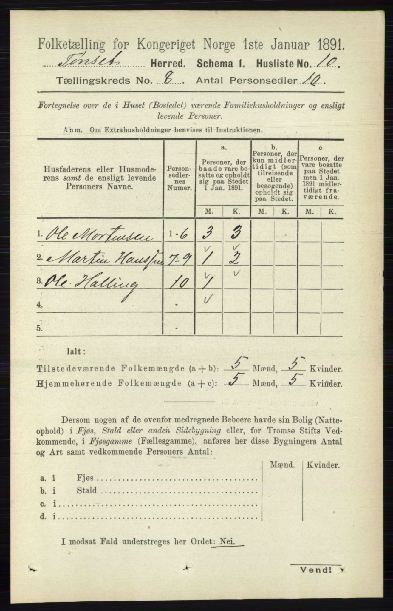 RA, 1891 census for 0437 Tynset, 1891, p. 2043