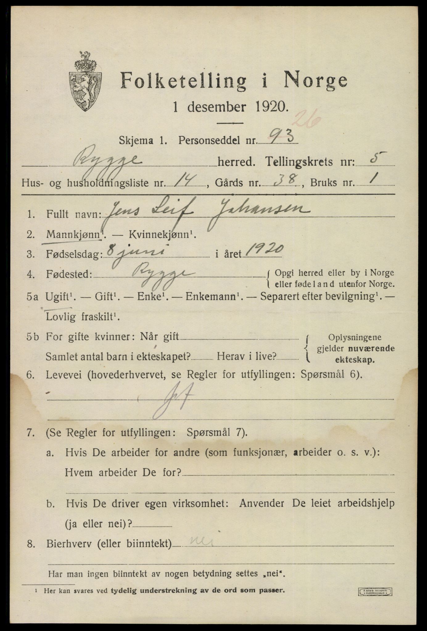 SAO, 1920 census for Rygge, 1920, p. 9757