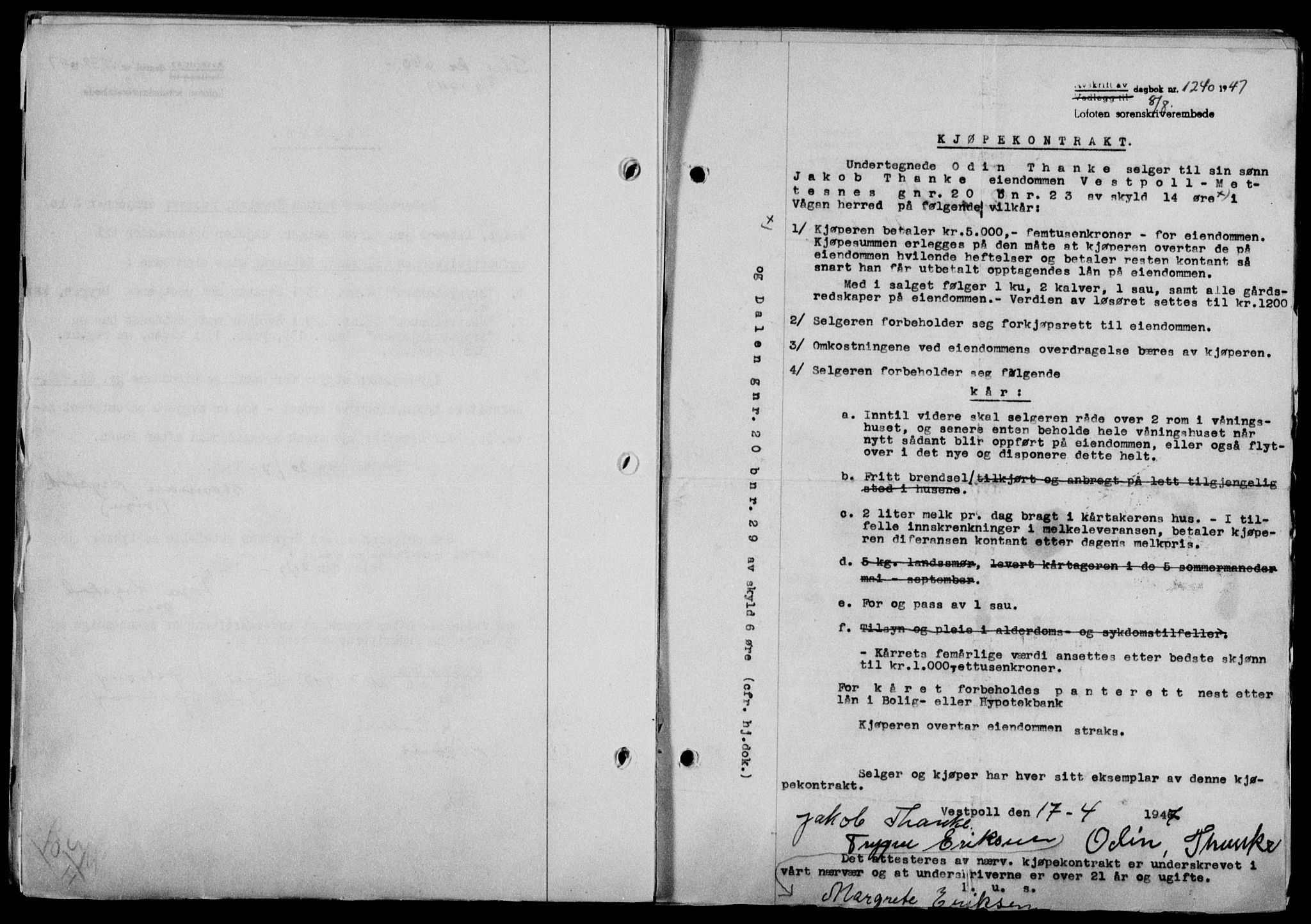 Lofoten sorenskriveri, SAT/A-0017/1/2/2C/L0016a: Mortgage book no. 16a, 1947-1947, Diary no: : 1240/1947