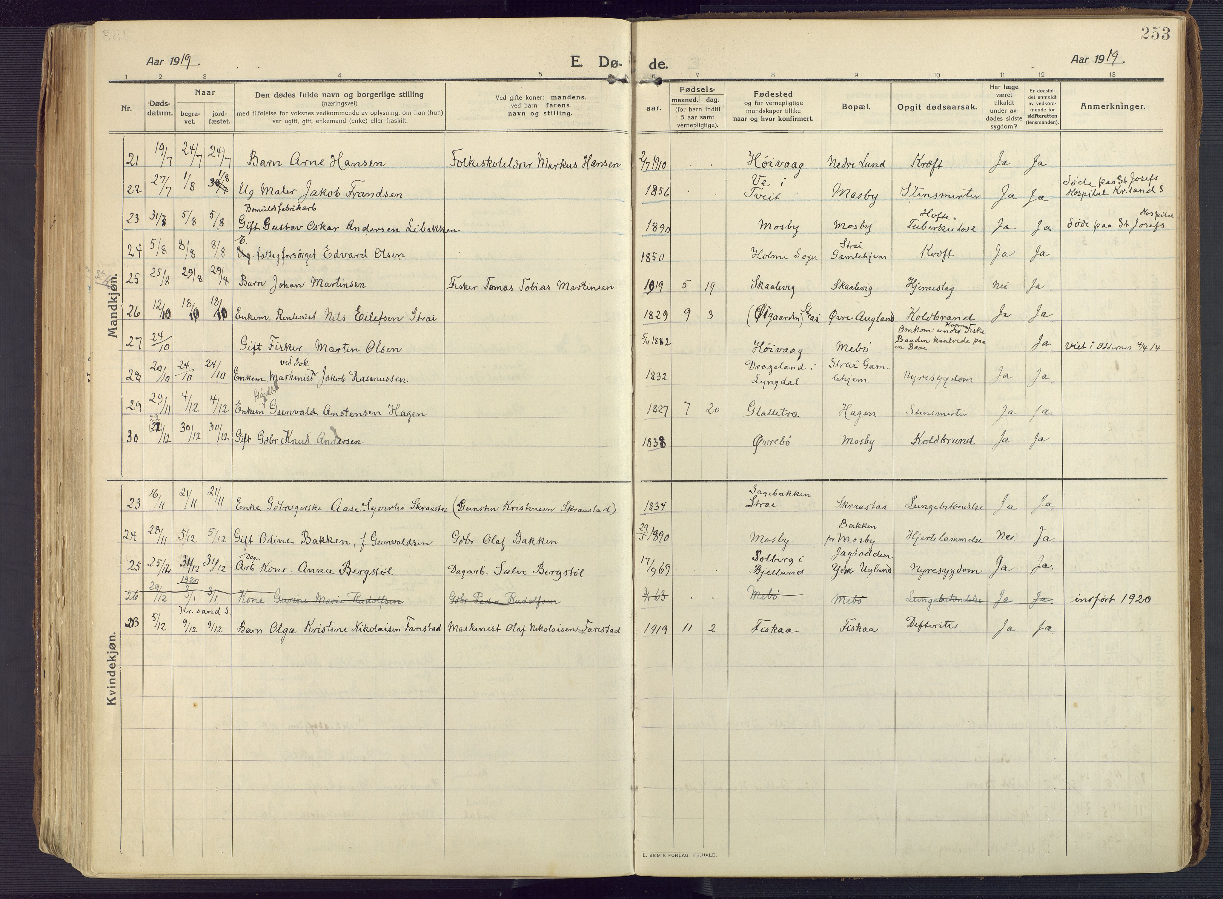 Oddernes sokneprestkontor, AV/SAK-1111-0033/F/Fa/Faa/L0012: Parish register (official) no. A 12, 1912-1925, p. 253