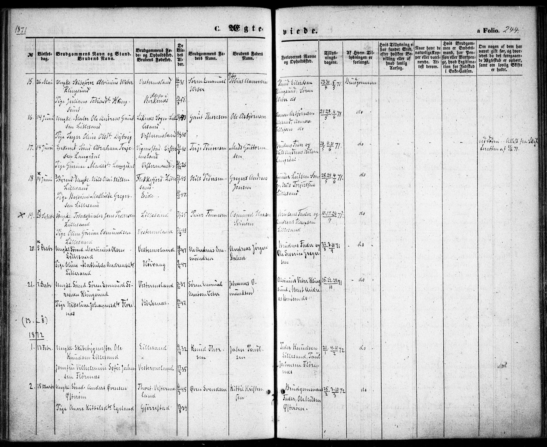 Vestre Moland sokneprestkontor, AV/SAK-1111-0046/F/Fa/Fab/L0007: Parish register (official) no. A 7, 1859-1872, p. 244