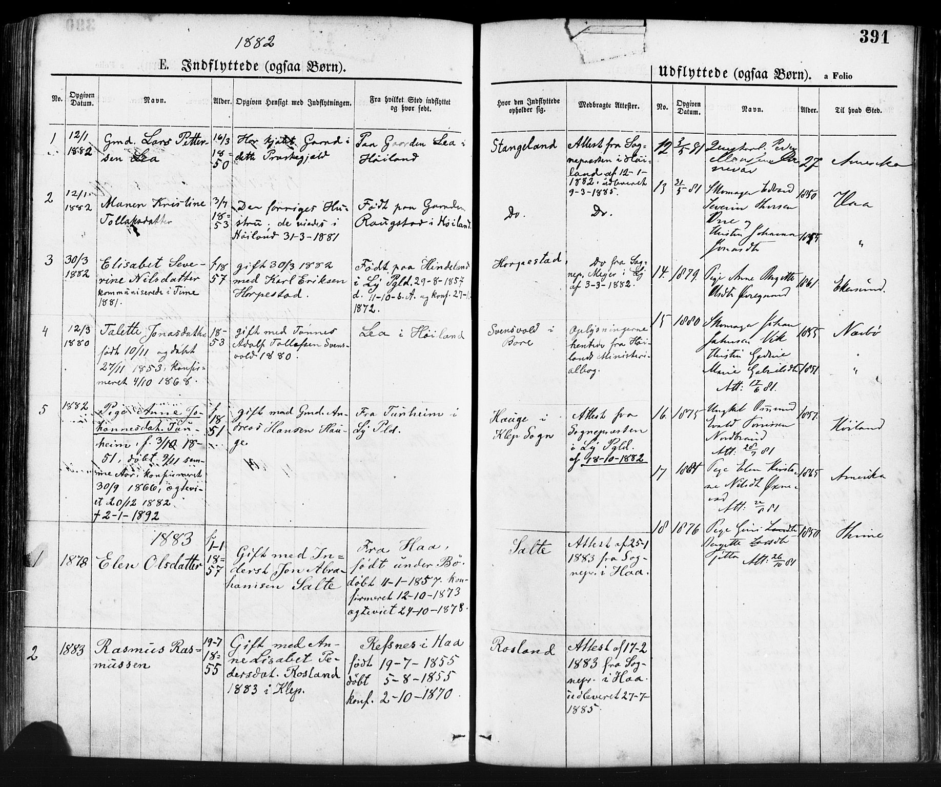 Klepp sokneprestkontor, AV/SAST-A-101803/001/3/30BA/L0006: Parish register (official) no. A 6, 1871-1885, p. 391