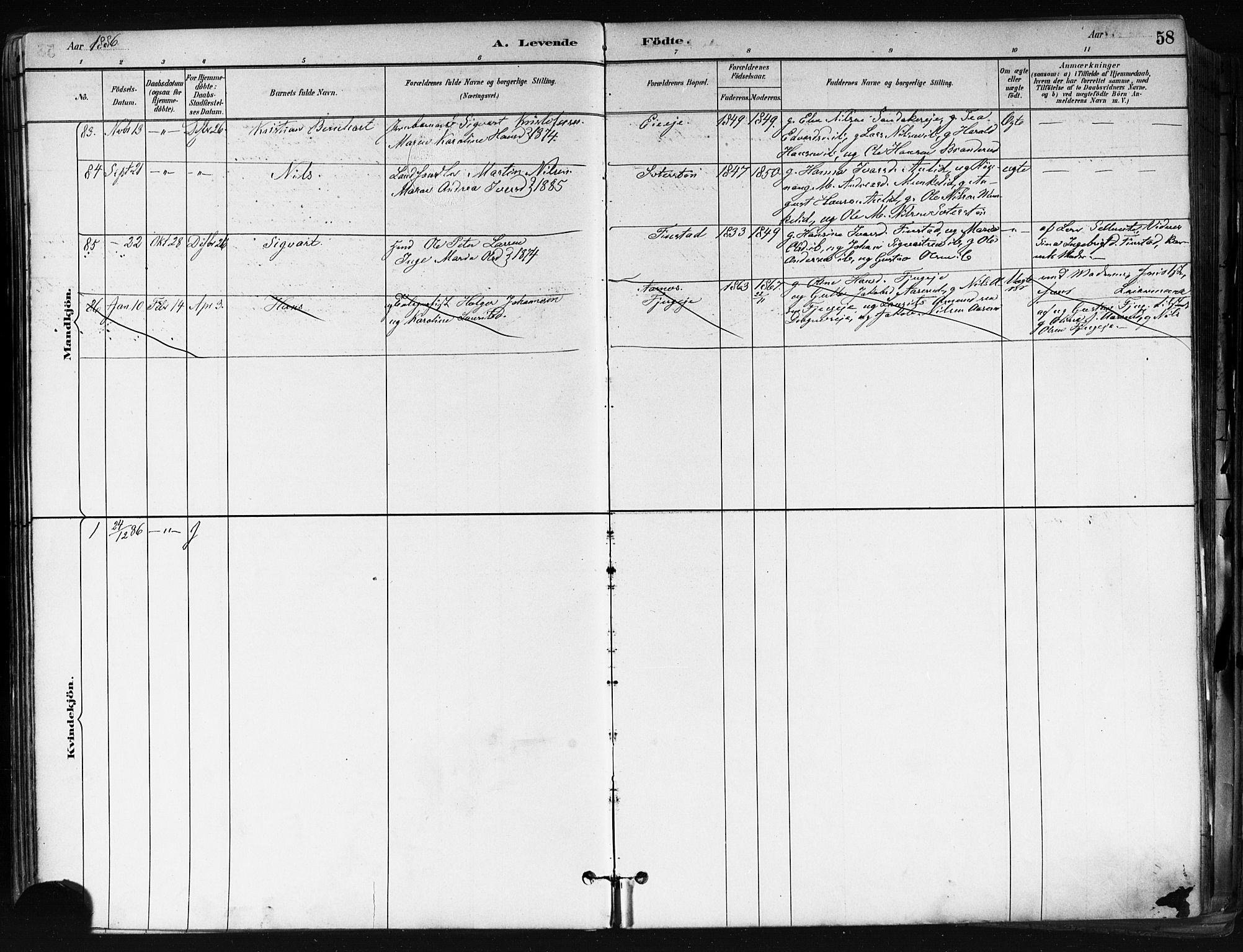 Nes prestekontor Kirkebøker, AV/SAO-A-10410/F/Fa/L0010: Parish register (official) no. I 10, 1883-1898, p. 58