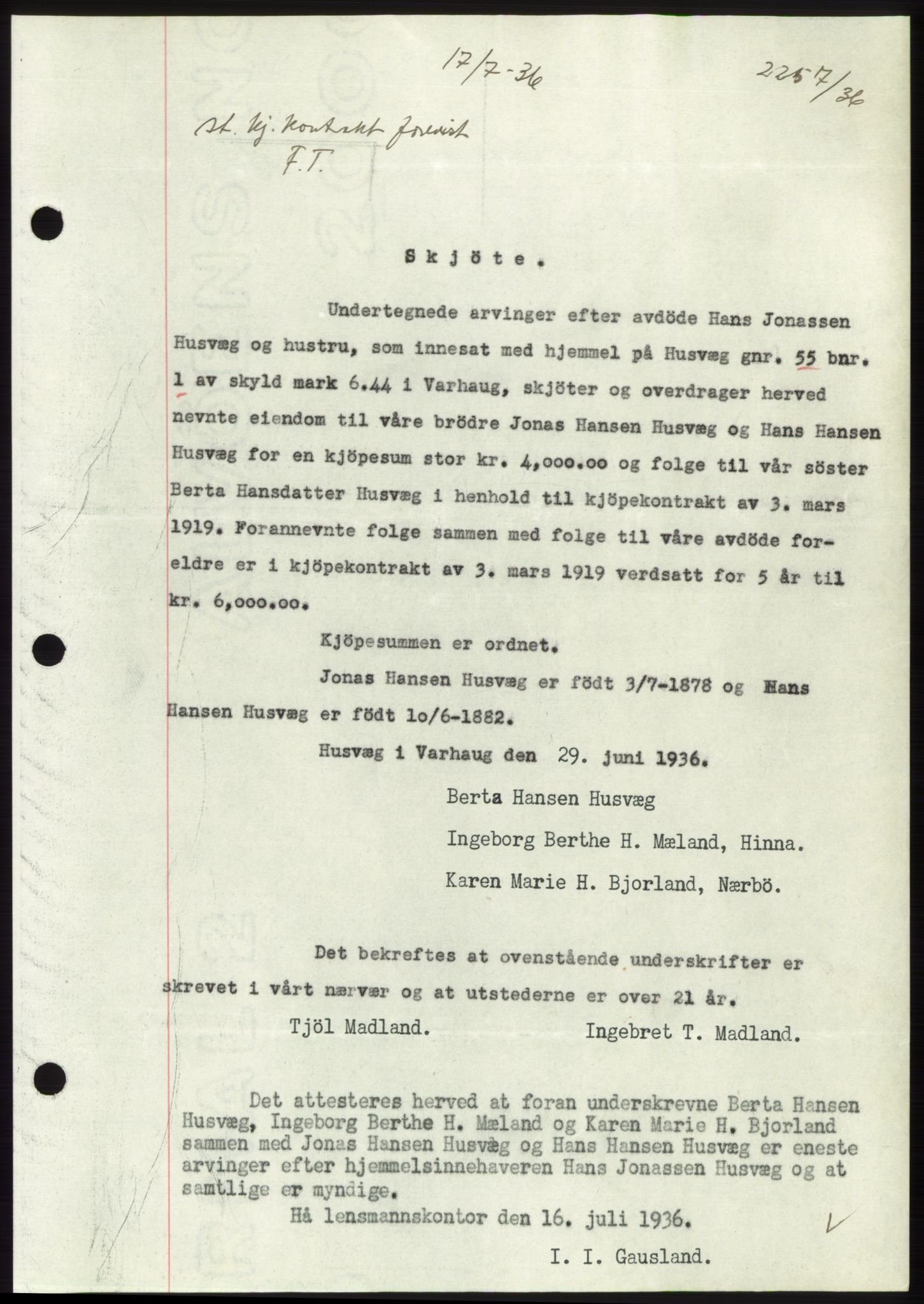 Jæren sorenskriveri, AV/SAST-A-100310/03/G/Gba/L0066: Mortgage book no. 71-72, 1936-1936, Diary no: : 2257/1936