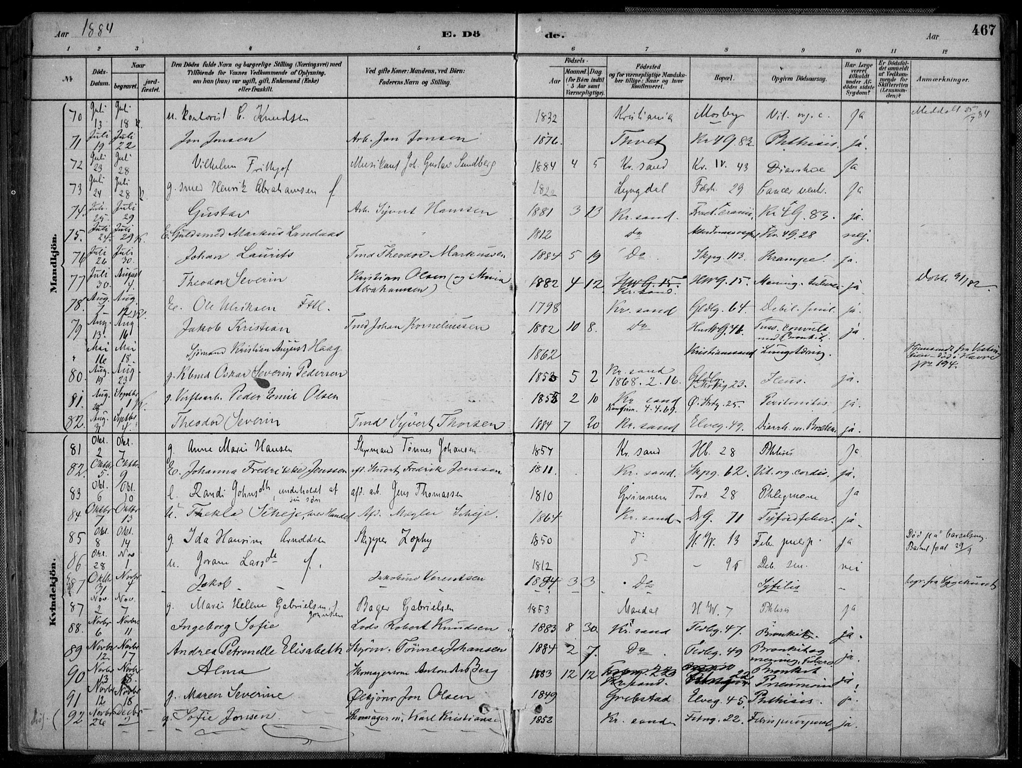 Kristiansand domprosti, SAK/1112-0006/F/Fa/L0017: Parish register (official) no. A 16B, 1880-1890, p. 467