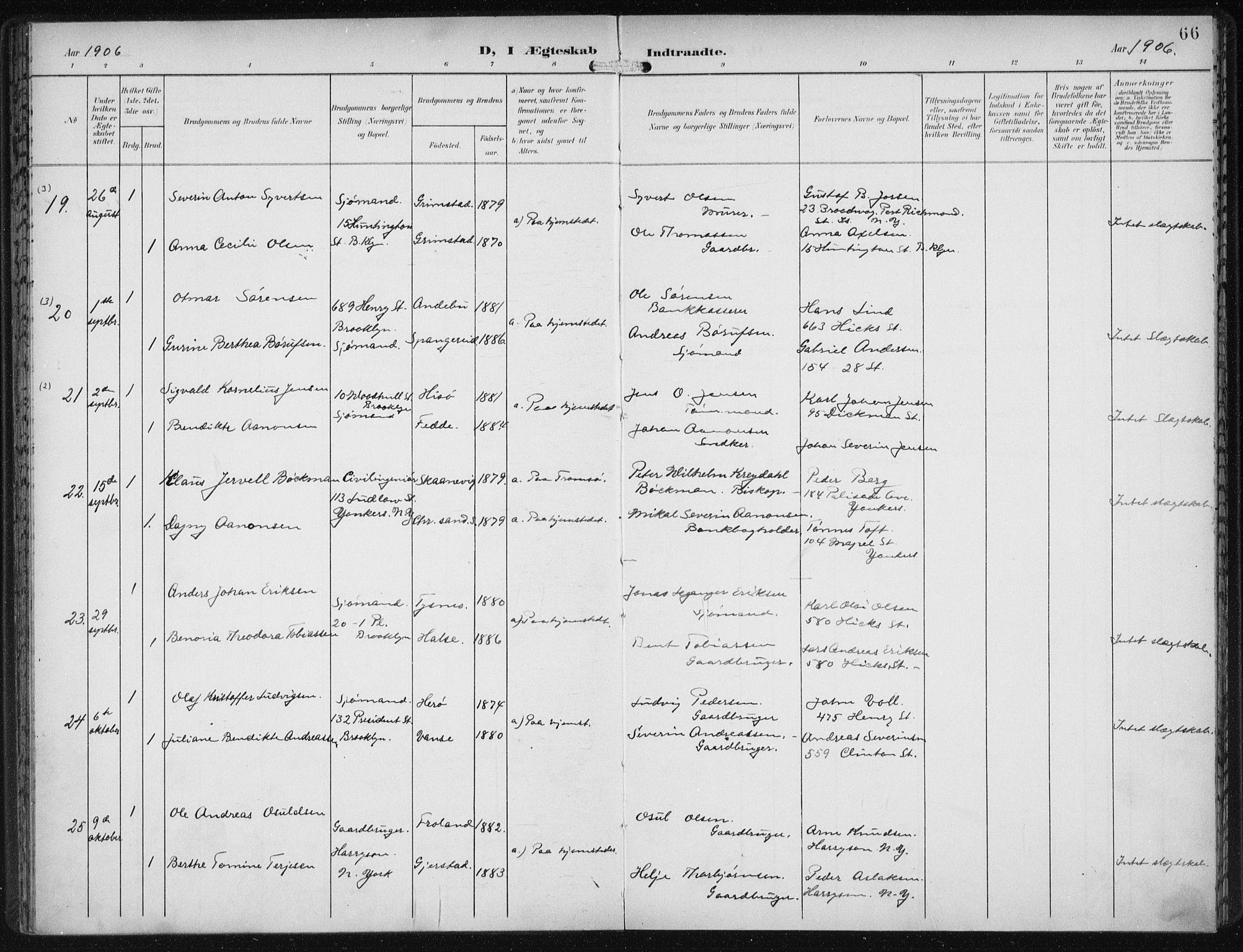 Den norske sjømannsmisjon i utlandet/New York, SAB/SAB/PA-0110/H/Ha/L0005: Parish register (official) no. A 5, 1902-1908, p. 66