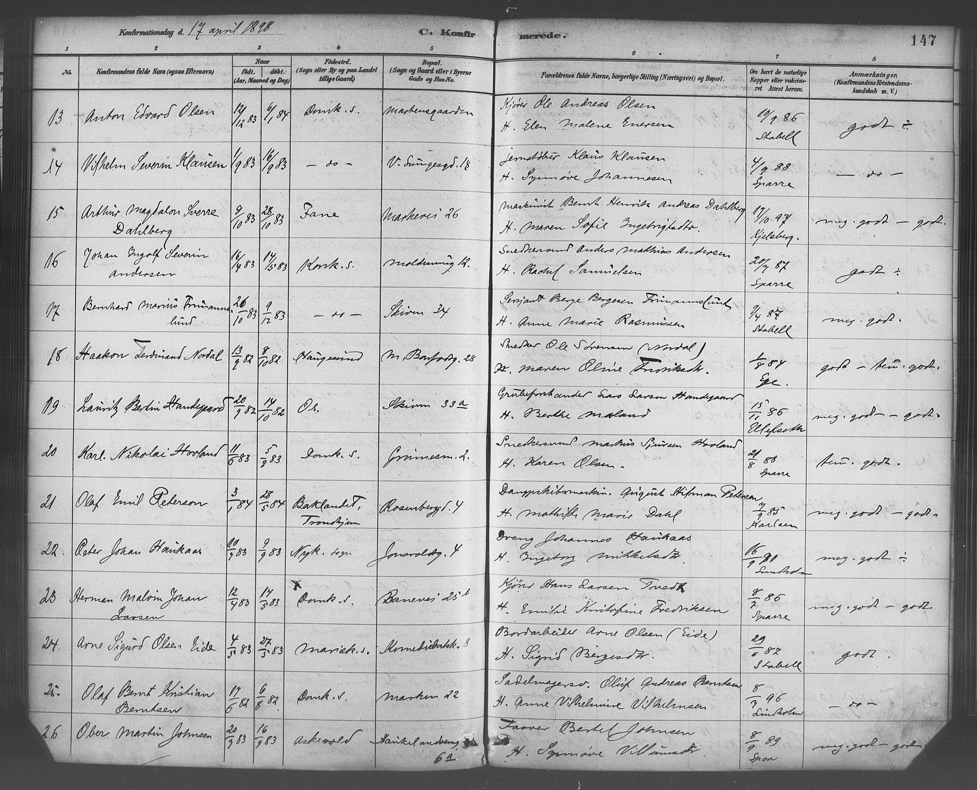 Domkirken sokneprestembete, AV/SAB-A-74801/H/Haa/L0030: Parish register (official) no. C 5, 1880-1898, p. 147