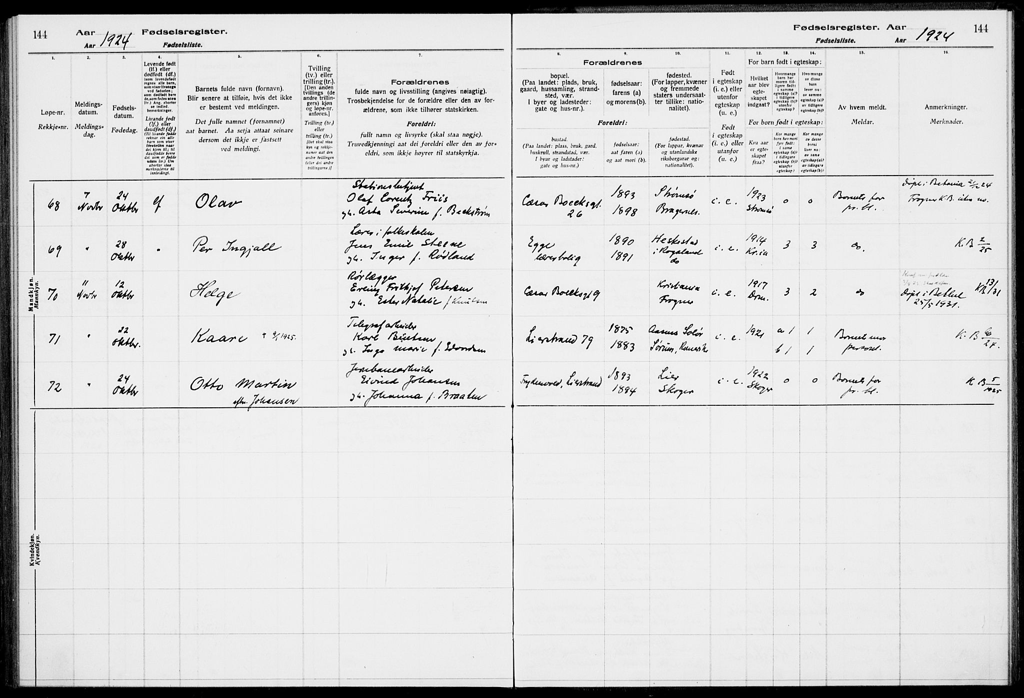 Lier kirkebøker, AV/SAKO-A-230/J/Ja/L0001: Birth register no. 1, 1916-1928, p. 144