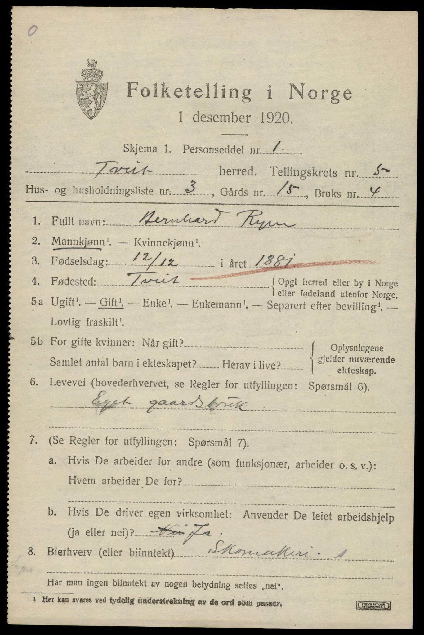 SAK, 1920 census for Tveit, 1920, p. 2440