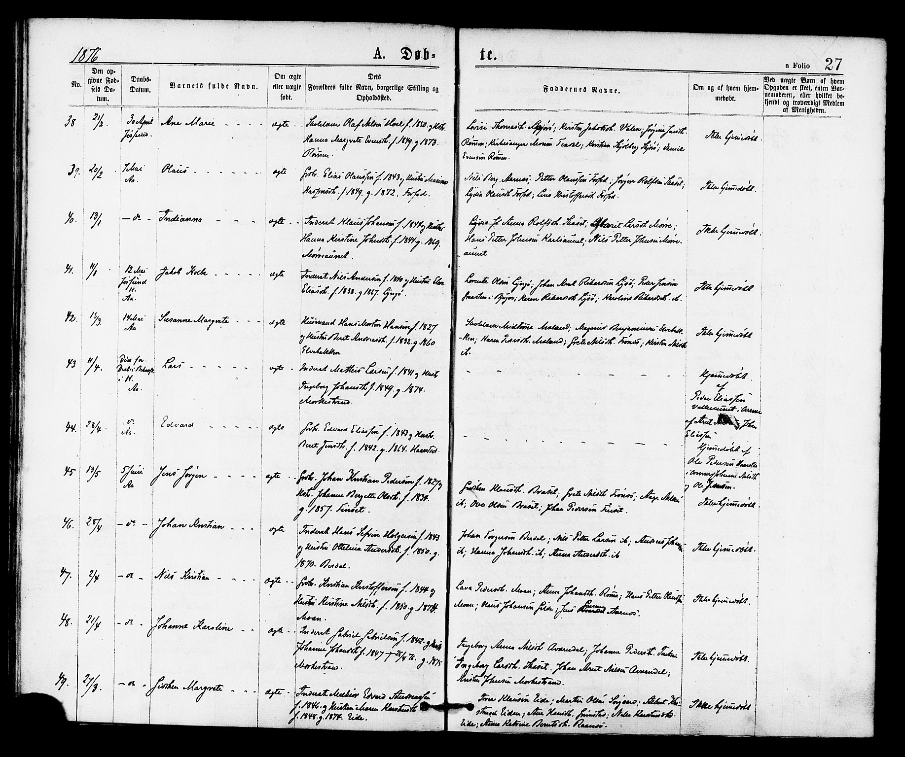 Ministerialprotokoller, klokkerbøker og fødselsregistre - Sør-Trøndelag, AV/SAT-A-1456/655/L0679: Parish register (official) no. 655A08, 1873-1879, p. 27