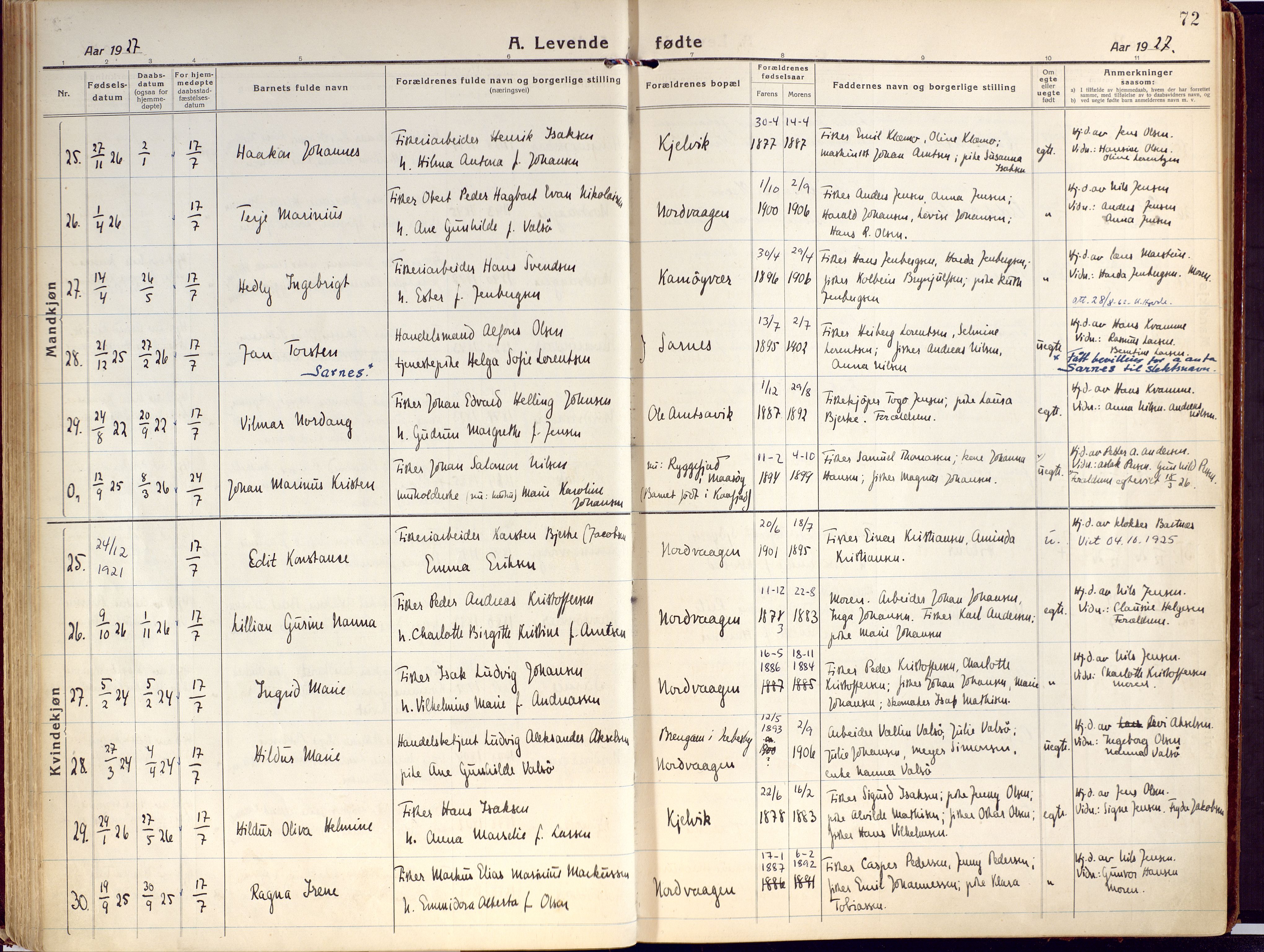 Kjelvik/Nordkapp sokneprestkontor, AV/SATØ-S-1350/H/Ha/L0002kirke: Parish register (official) no. 2, 1920-1929, p. 72