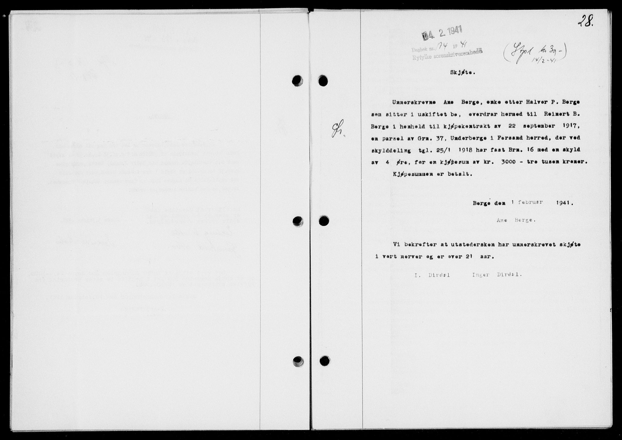 Ryfylke tingrett, SAST/A-100055/001/II/IIB/L0085: Mortgage book no. 64, 1941-1941, Diary no: : 174/1941