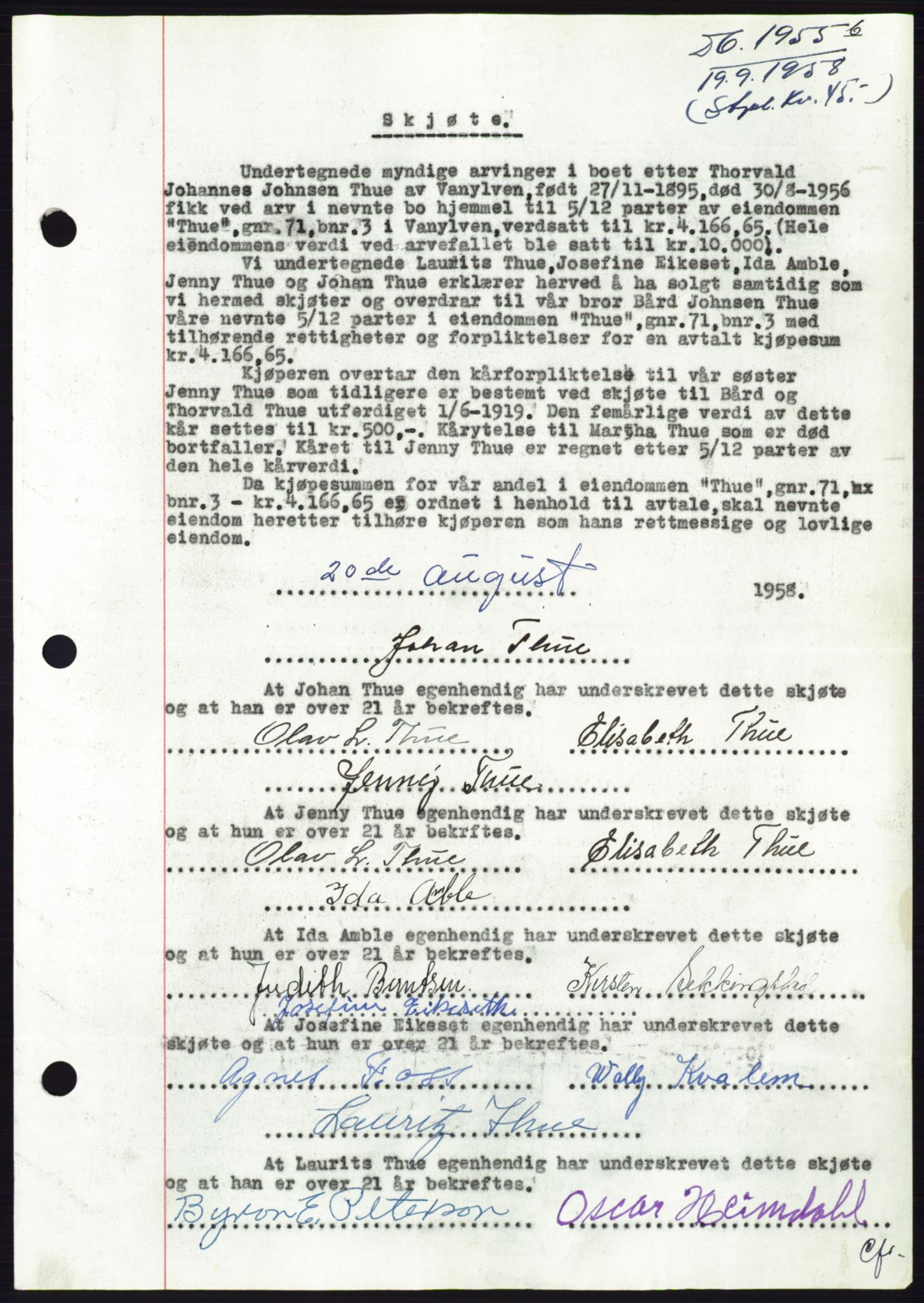 Søre Sunnmøre sorenskriveri, AV/SAT-A-4122/1/2/2C/L0110: Mortgage book no. 36A, 1958-1958, Diary no: : 1955/1958