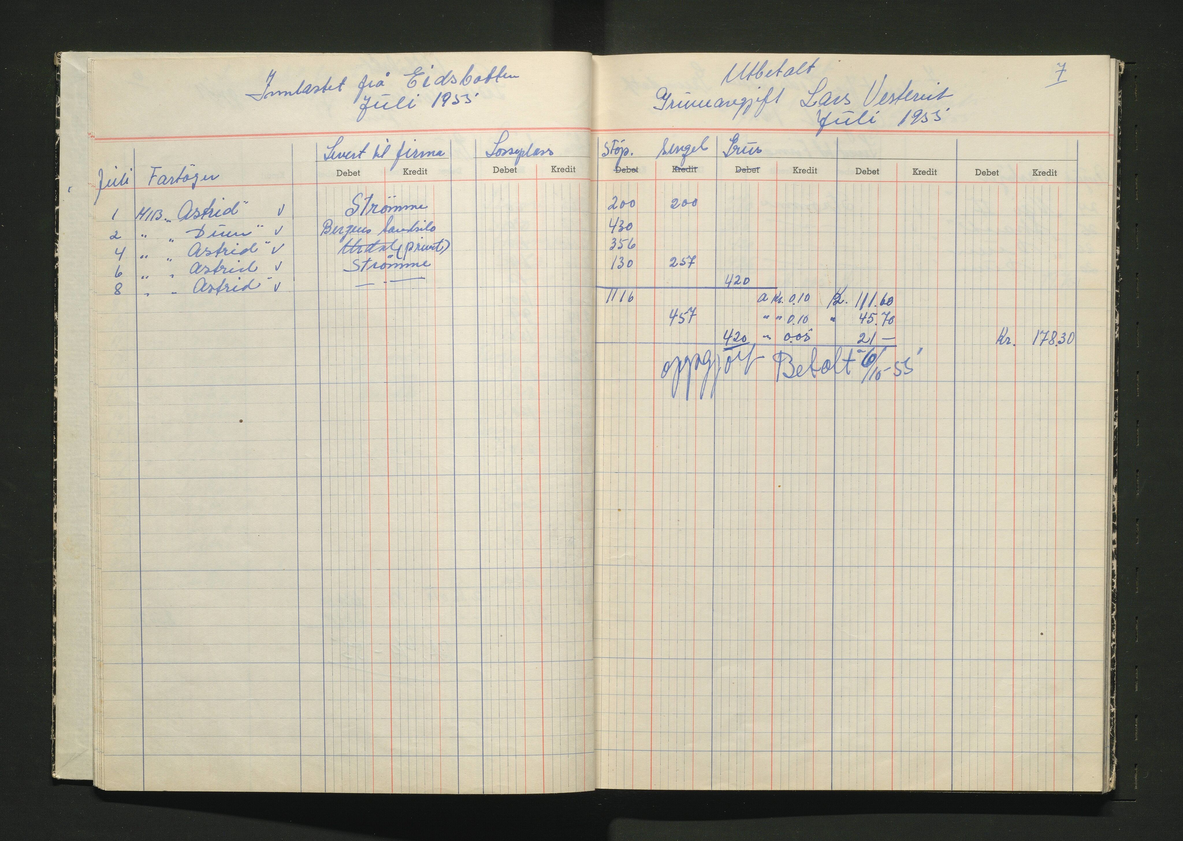 Osterfjorden fartøy- og sandeigarlag AL, IKAH/1263-Pa0031/R/Rb/L0001: Protokoll over innbetalte gruveavgifter, 1955-1956