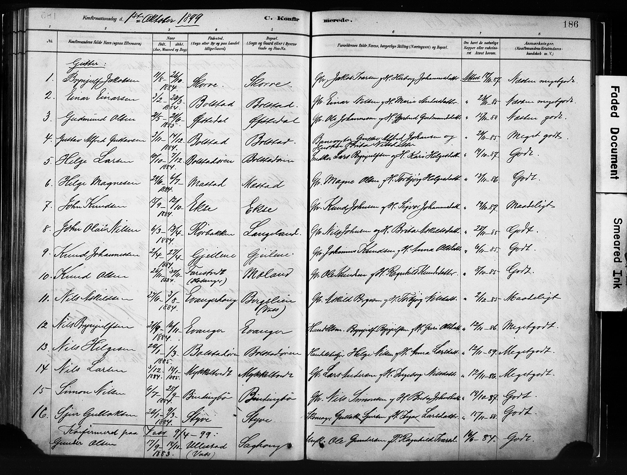 Evanger sokneprestembete, SAB/A-99924: Parish register (official) no. A 1, 1877-1899, p. 186