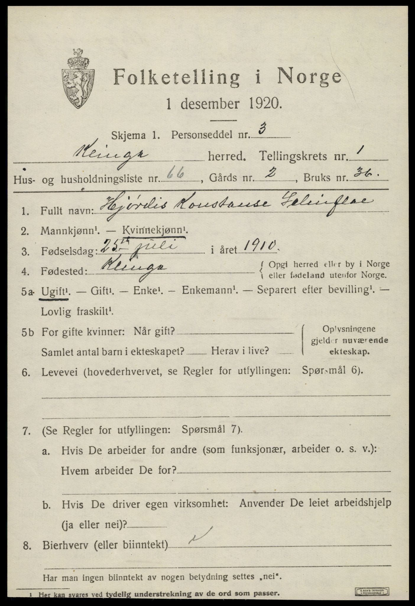 SAT, 1920 census for Klinga, 1920, p. 1391