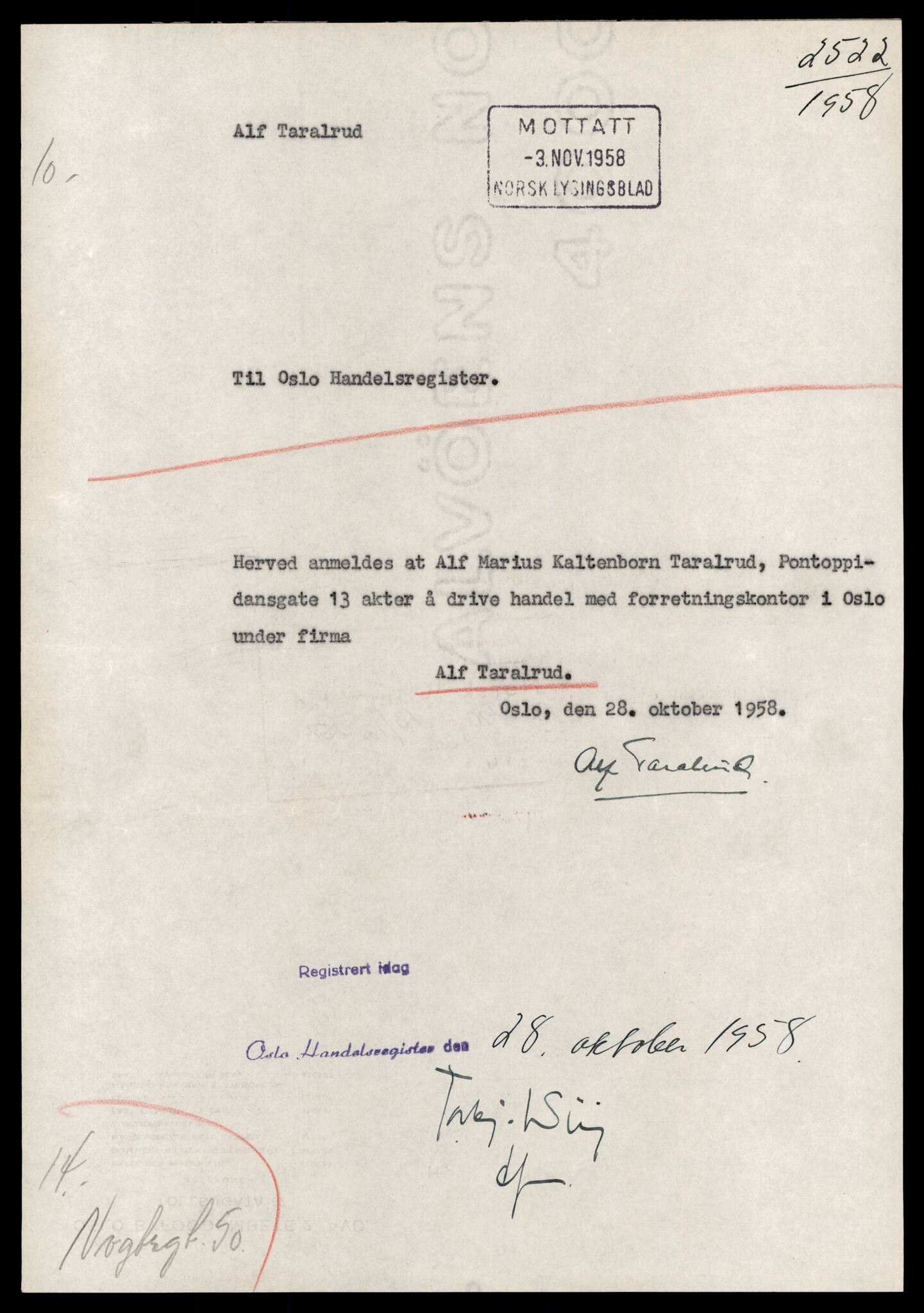 Oslo byfogd, Handelsregisteret, SAT/A-10867/G/Gc/Gca/L0021: Ikke konverterte foretak, Alf T-Alfsen, 1890-1990, p. 1