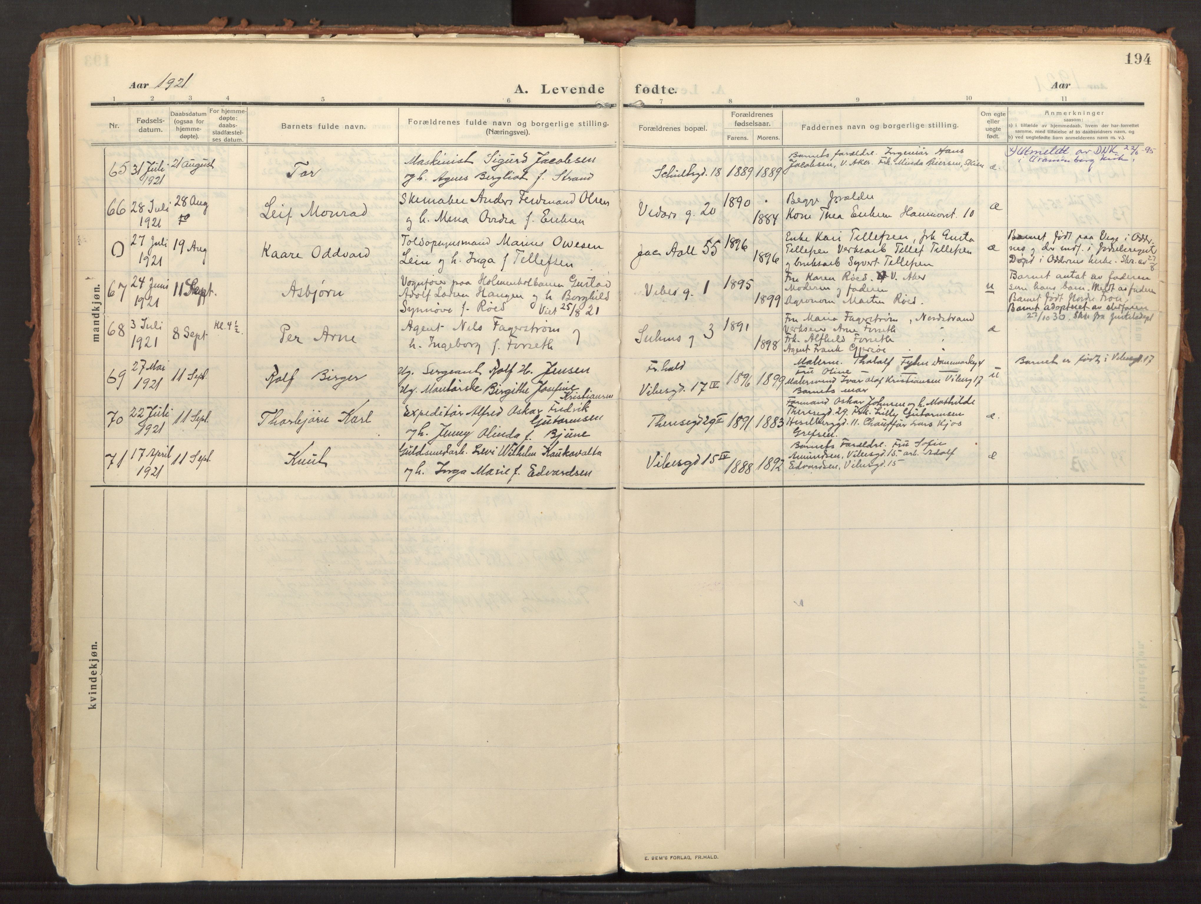 Fagerborg prestekontor Kirkebøker, AV/SAO-A-10844/F/Fa/L0005: Parish register (official) no. 5, 1909-1935, p. 194