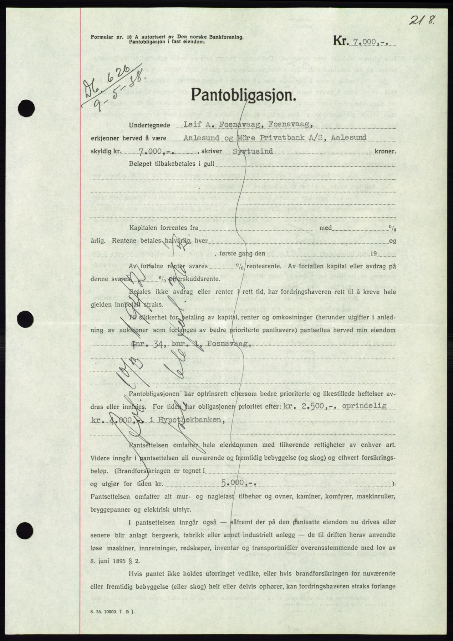 Søre Sunnmøre sorenskriveri, AV/SAT-A-4122/1/2/2C/L0065: Mortgage book no. 59, 1938-1938, Diary no: : 626/1938