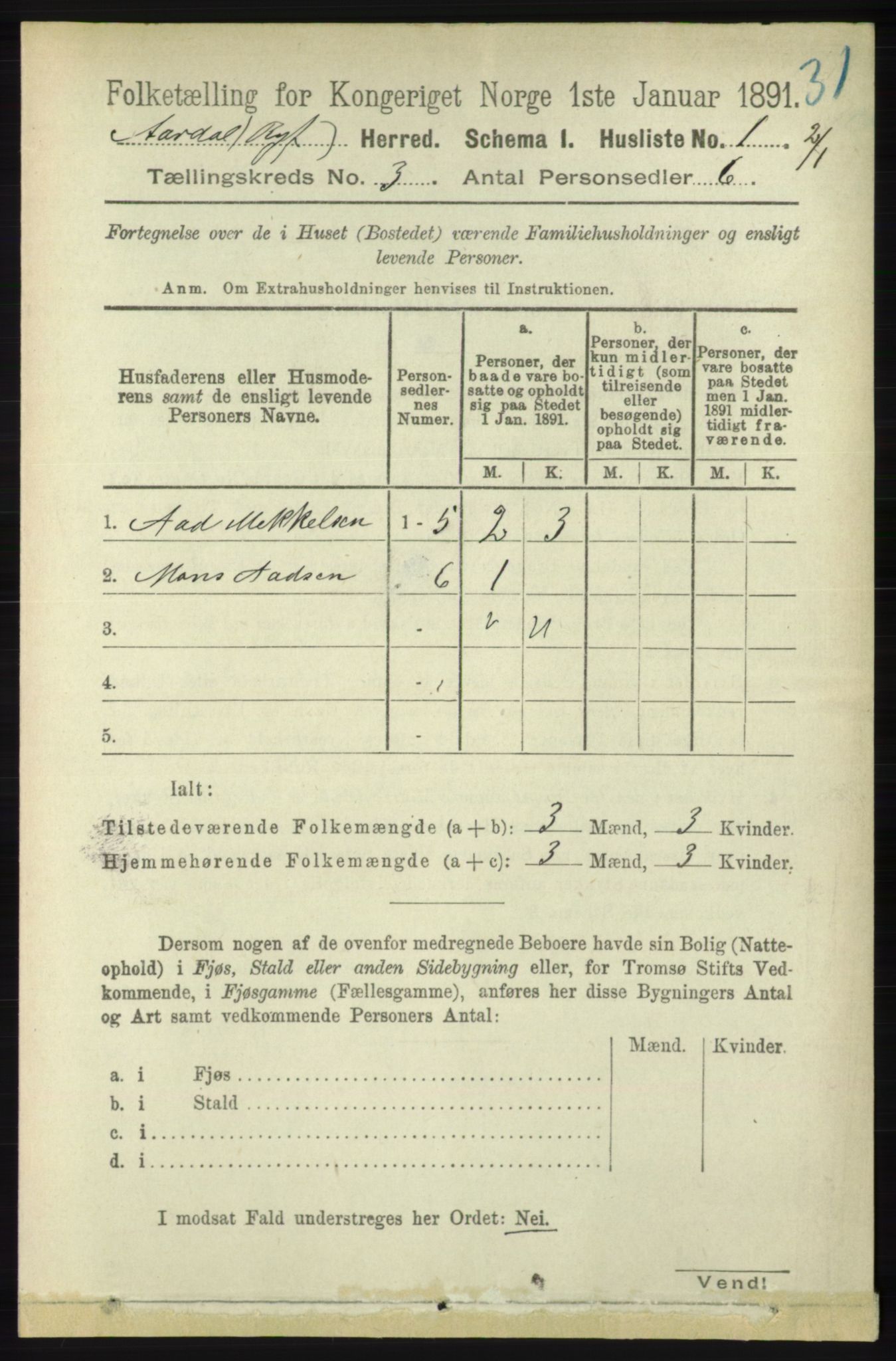 RA, 1891 census for 1131 Årdal, 1891, p. 782