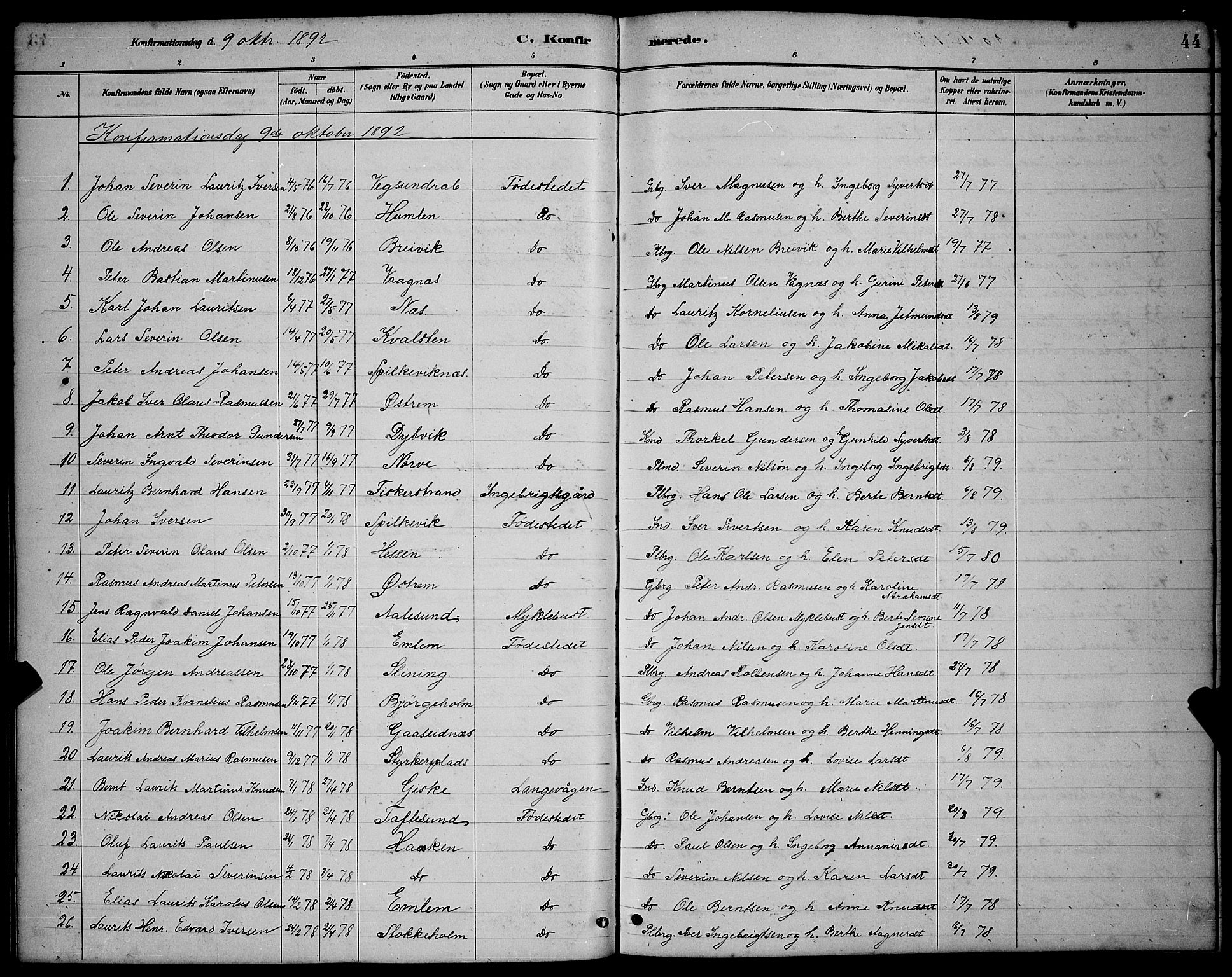 Ministerialprotokoller, klokkerbøker og fødselsregistre - Møre og Romsdal, SAT/A-1454/528/L0430: Parish register (copy) no. 528C11, 1884-1899, p. 44