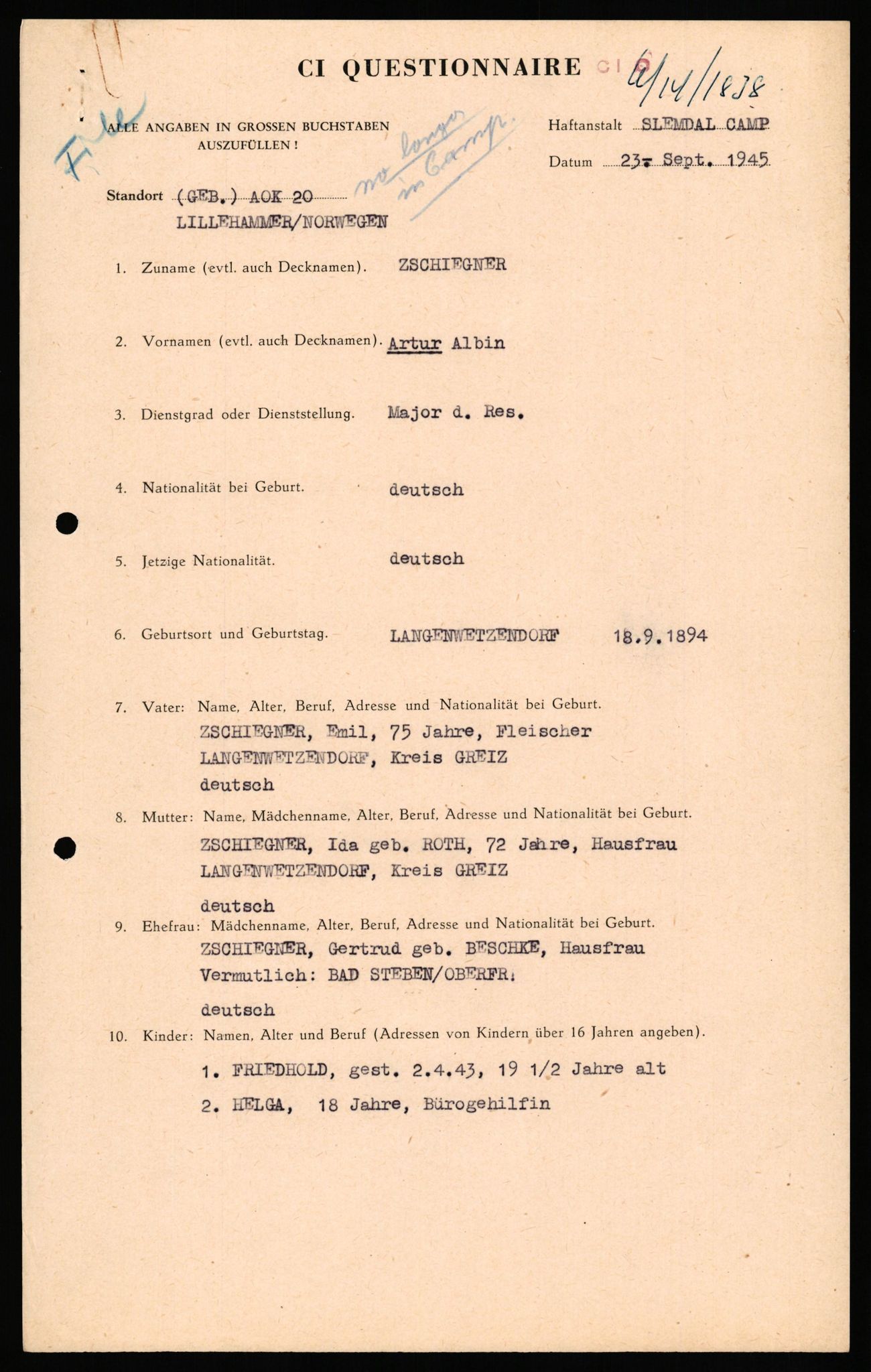 Forsvaret, Forsvarets overkommando II, AV/RA-RAFA-3915/D/Db/L0037: CI Questionaires. Tyske okkupasjonsstyrker i Norge. Tyskere., 1945-1946, p. 459