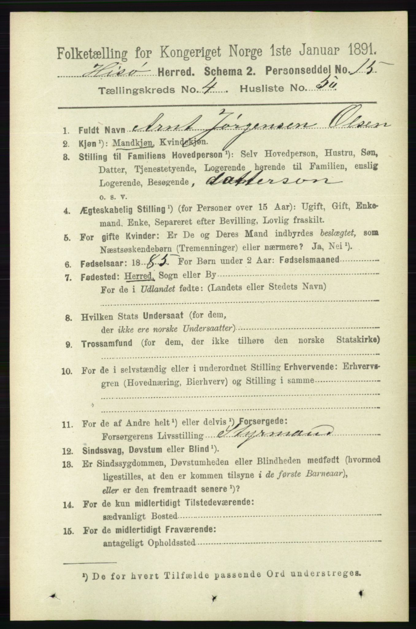 RA, 1891 census for 0922 Hisøy, 1891, p. 3615