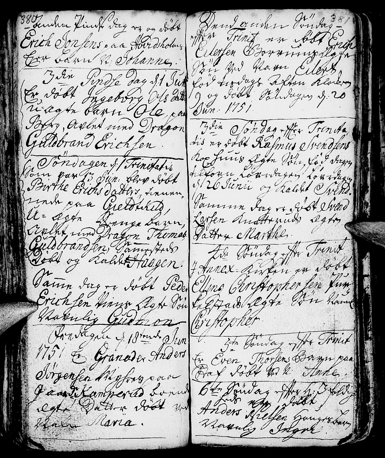 Nes prestekontor, Hedmark, AV/SAH-PREST-020/L/La/L0001: Parish register (copy) no. 1, 1663-1784, p. 380-381