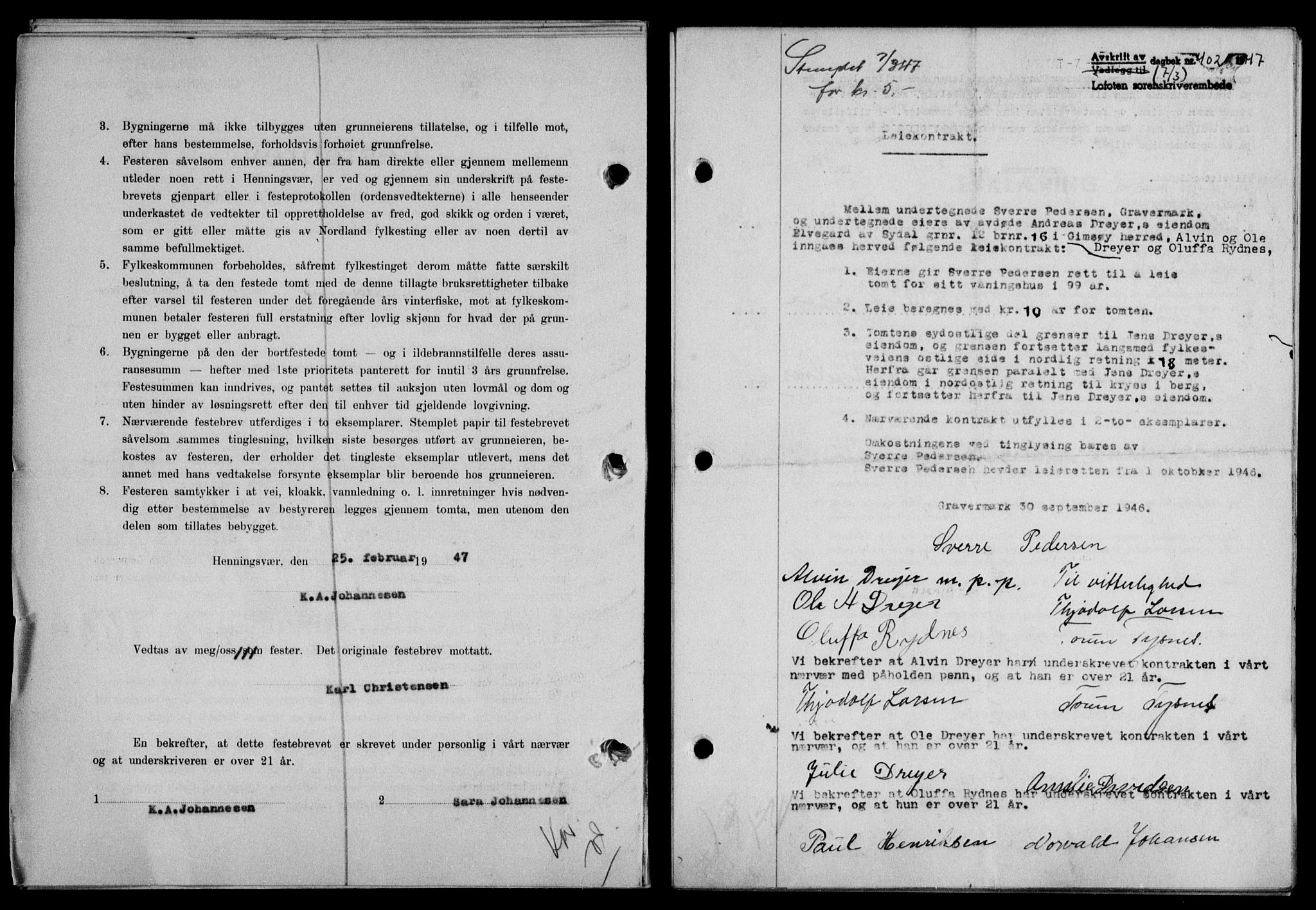 Lofoten sorenskriveri, SAT/A-0017/1/2/2C/L0015a: Mortgage book no. 15a, 1946-1947, Diary no: : 402/1947