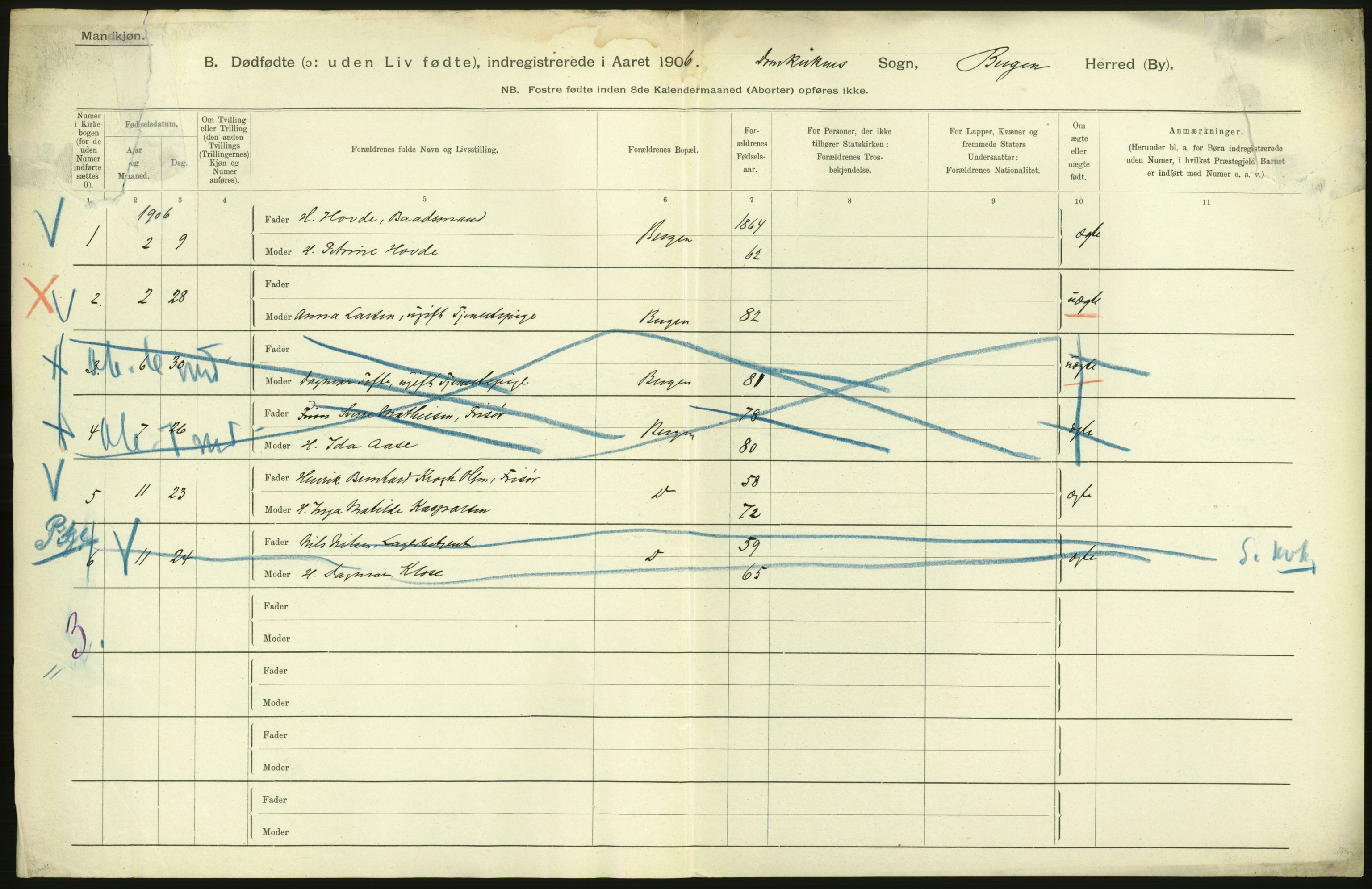 Statistisk sentralbyrå, Sosiodemografiske emner, Befolkning, RA/S-2228/D/Df/Dfa/Dfad/L0032: Bergen: Gifte, døde, dødfødte., 1906, p. 226