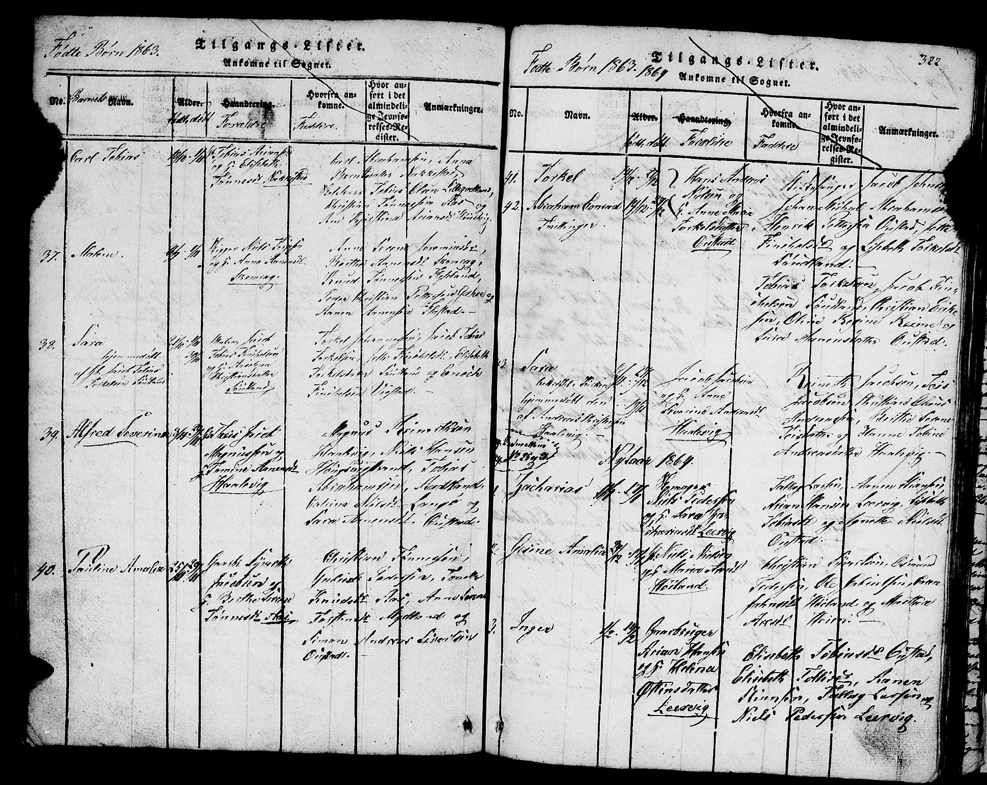 Lyngdal sokneprestkontor, SAK/1111-0029/F/Fb/Fba/L0001: Parish register (copy) no. B 1, 1816-1876, p. 322
