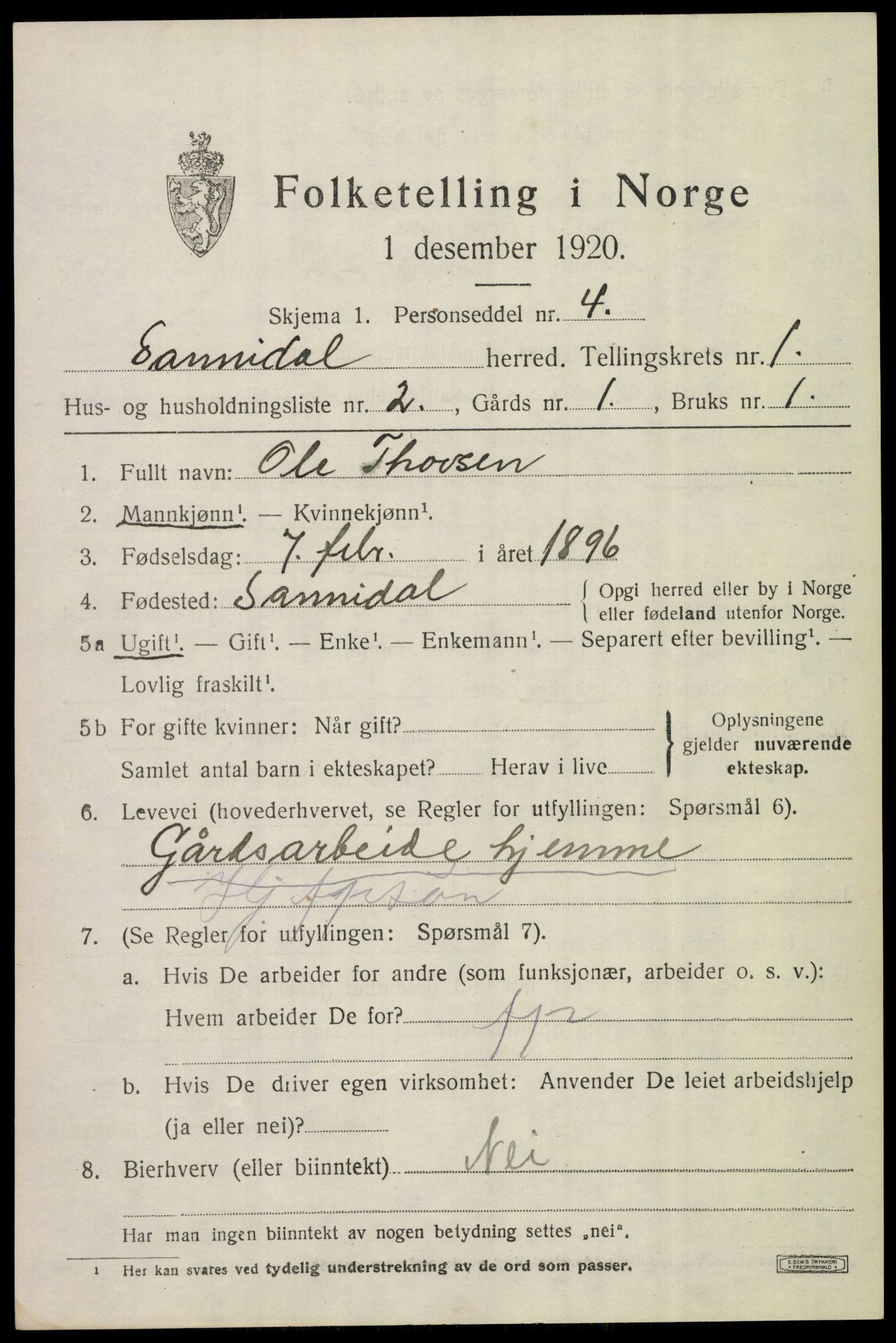 SAKO, 1920 census for Sannidal, 1920, p. 1047