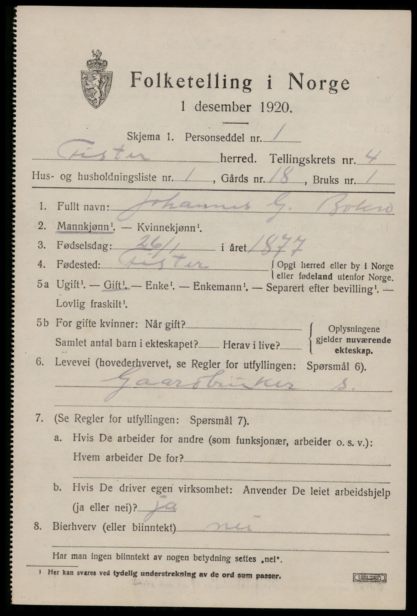 SAST, 1920 census for Fister, 1920, p. 1109