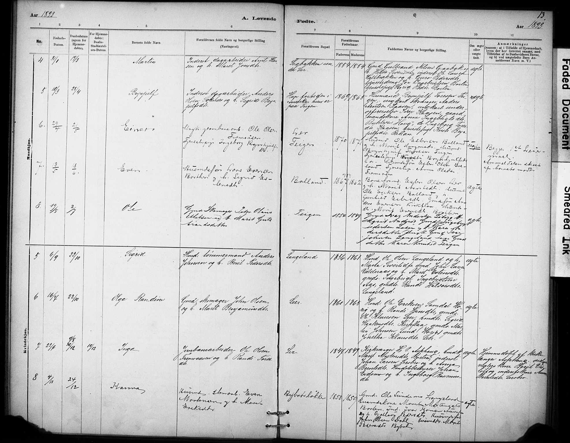 Ministerialprotokoller, klokkerbøker og fødselsregistre - Sør-Trøndelag, AV/SAT-A-1456/693/L1119: Parish register (official) no. 693A01, 1887-1905, p. 13