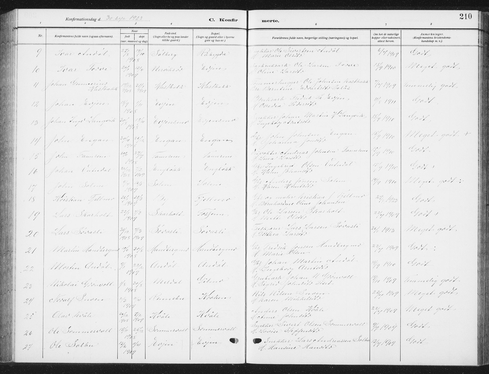 Ministerialprotokoller, klokkerbøker og fødselsregistre - Sør-Trøndelag, SAT/A-1456/668/L0820: Parish register (copy) no. 668C09, 1912-1936, p. 210