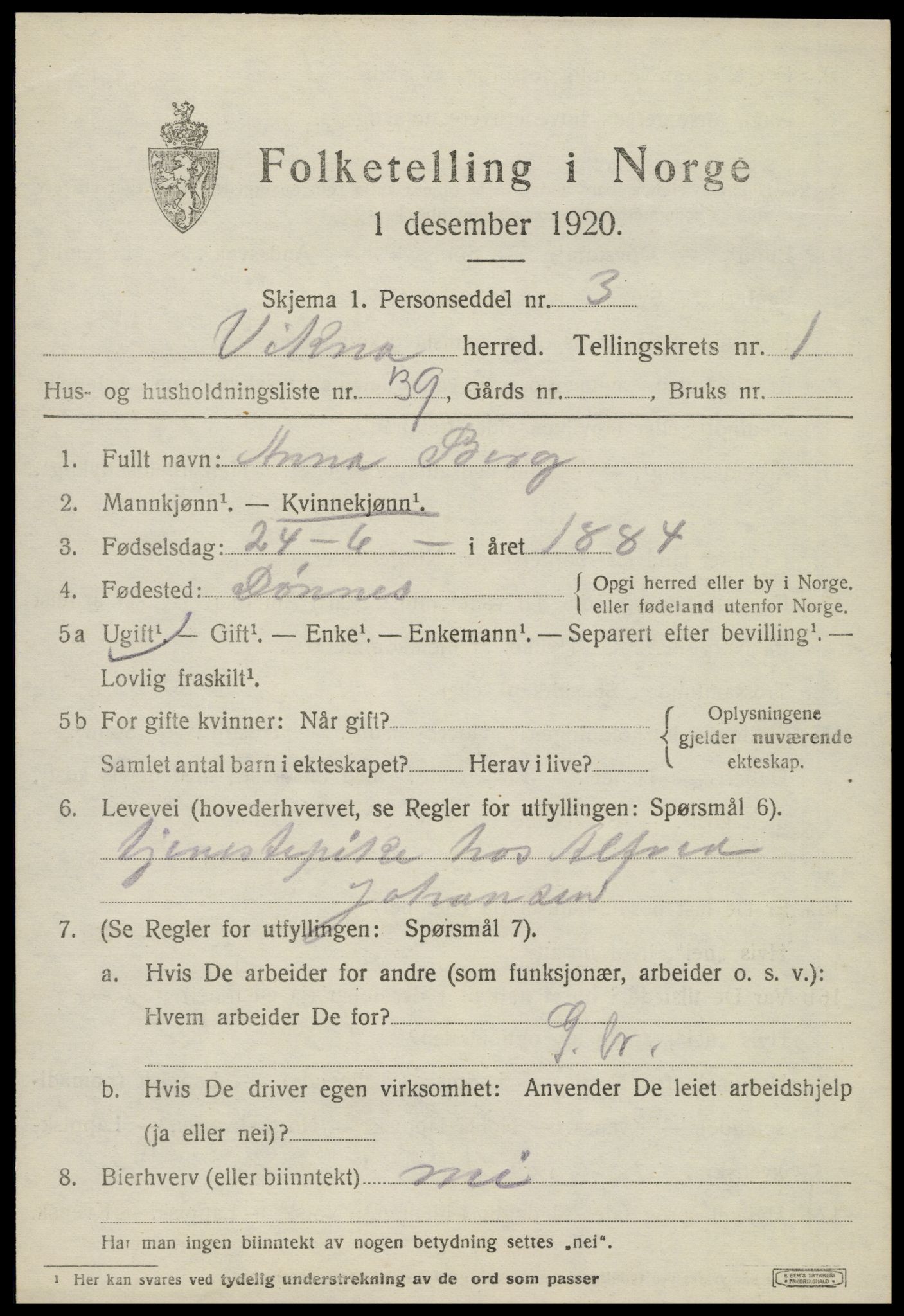 SAT, 1920 census for Vikna, 1920, p. 1549