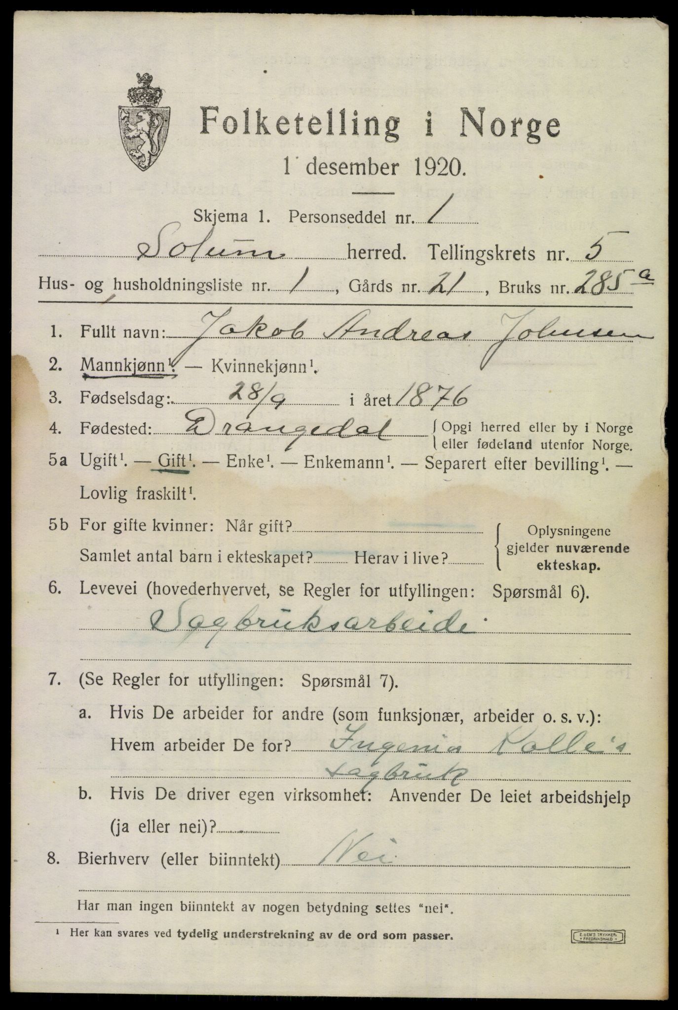 SAKO, 1920 census for Solum, 1920, p. 10696