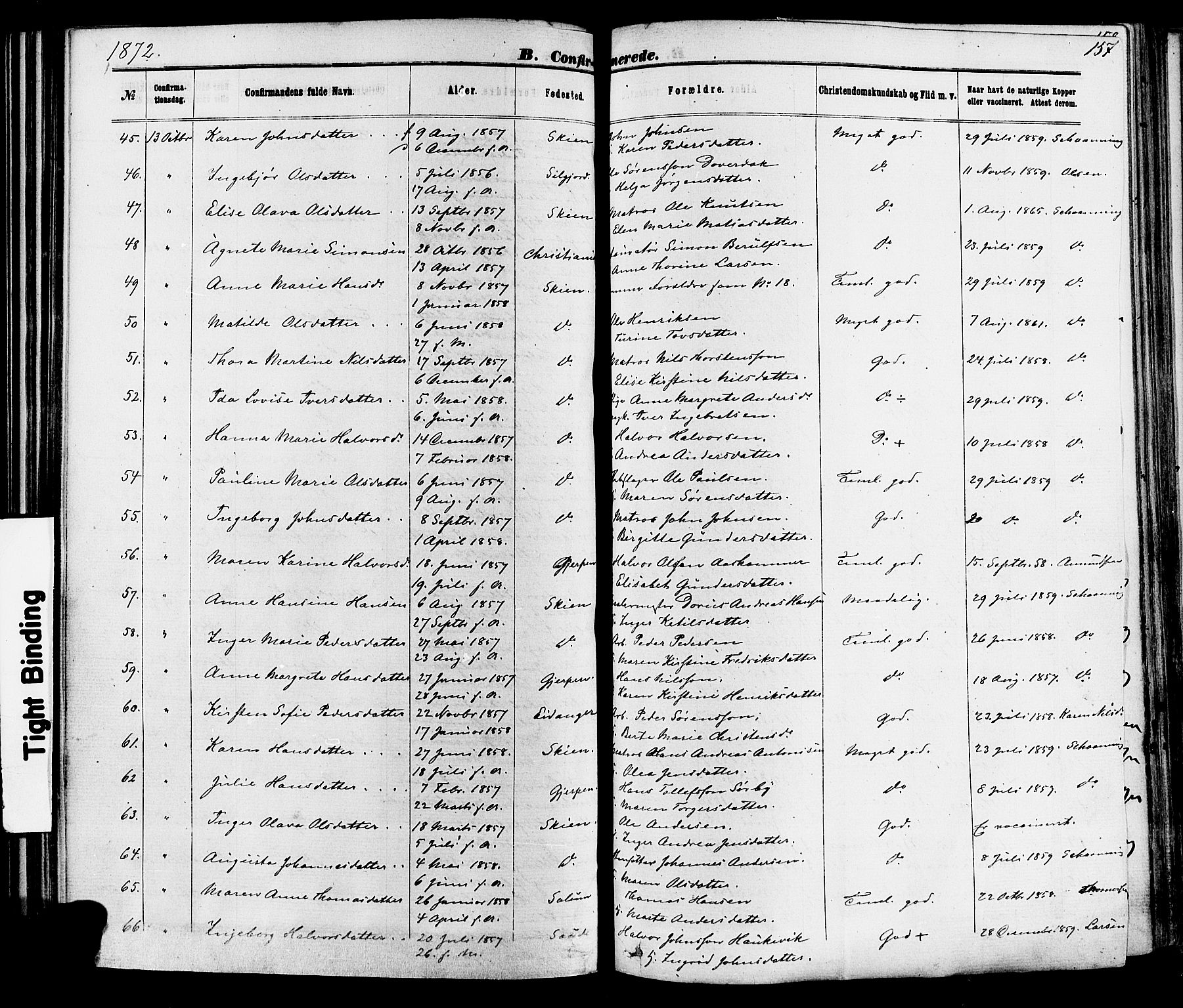 Skien kirkebøker, SAKO/A-302/F/Fa/L0008: Parish register (official) no. 8, 1866-1877, p. 157