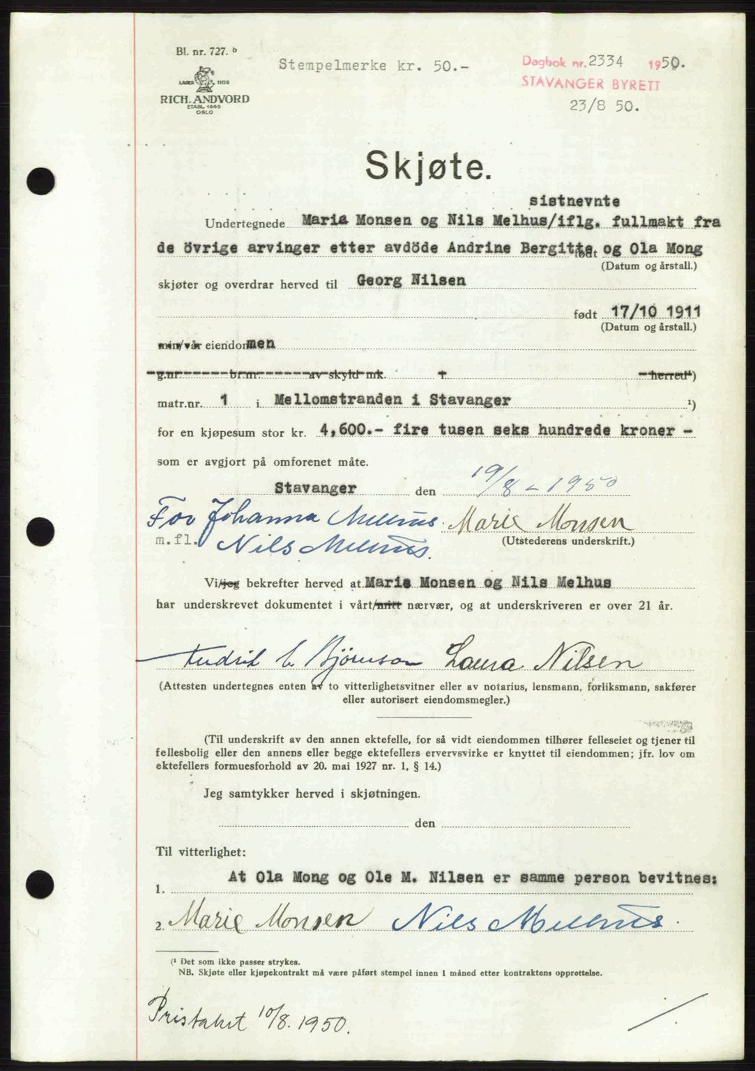 Stavanger byrett, SAST/A-100455/002/G/Gb/L0024: Mortgage book no. A13, 1949-1950, Diary no: : 2334/1950