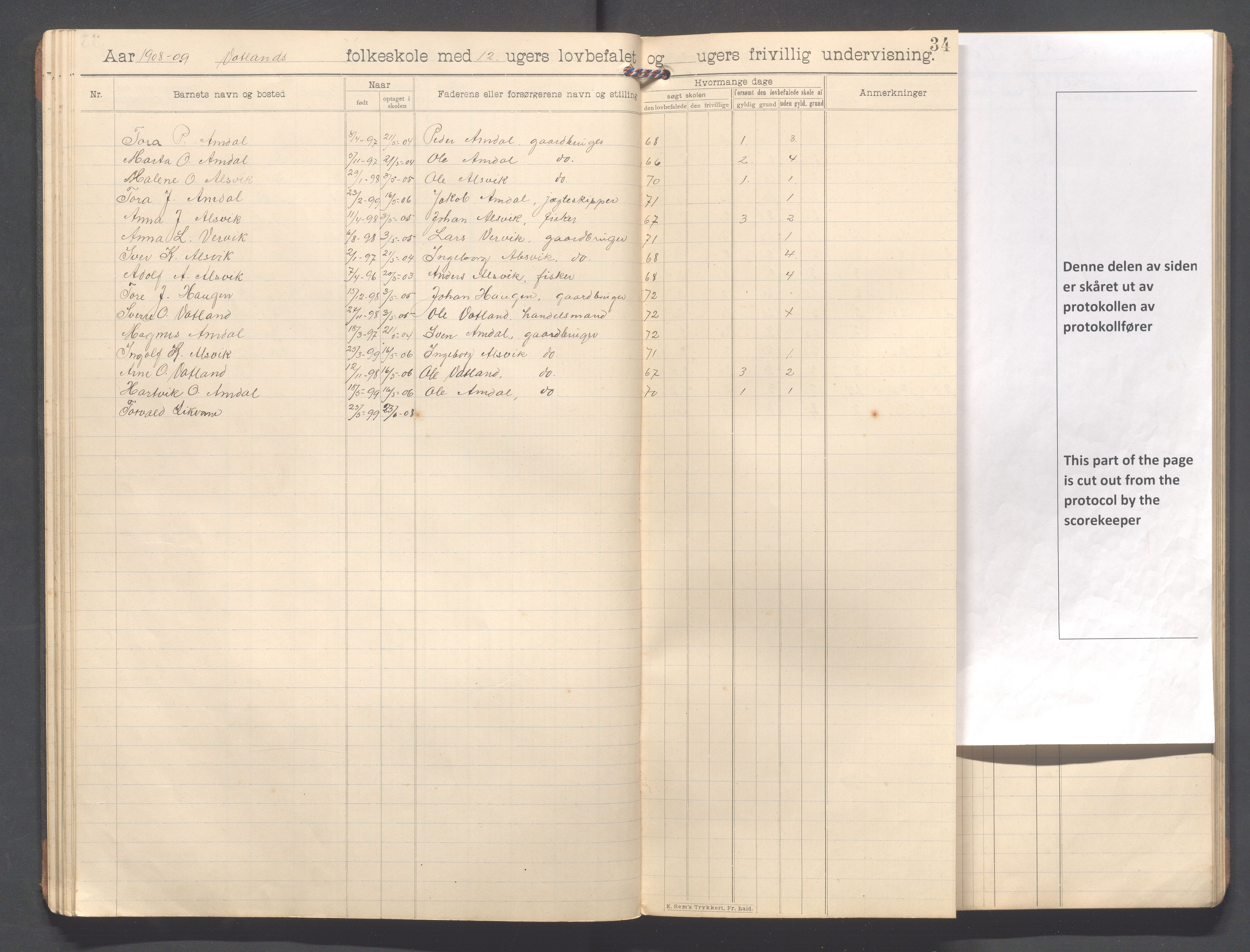 Strand kommune - Vatland skole, IKAR/A-161/H/L0002: Skoleprotokoll for Vatland , 1903-1913, p. 34