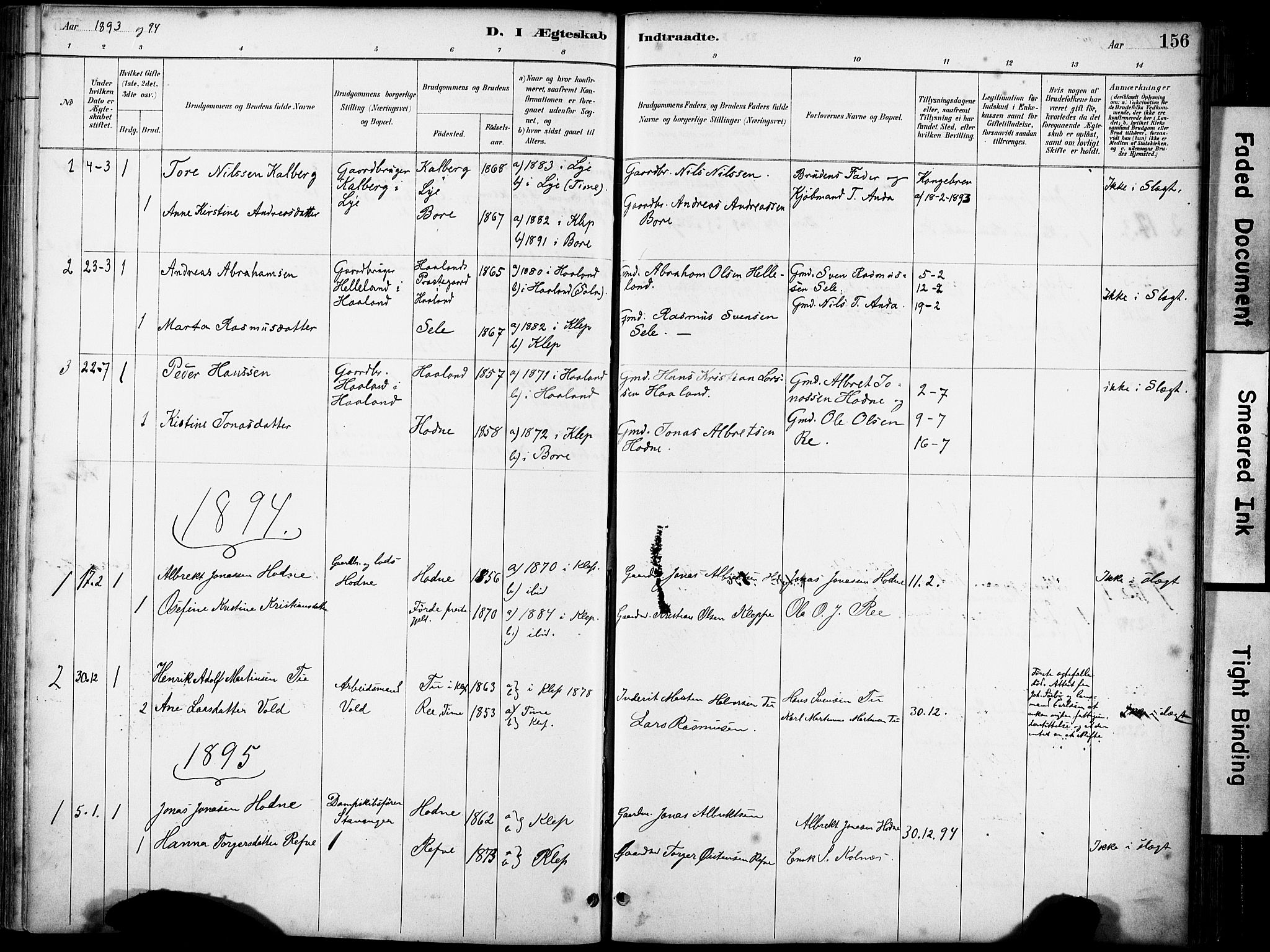 Klepp sokneprestkontor, SAST/A-101803/001/3/30BA/L0008: Parish register (official) no. A 9, 1886-1919, p. 156