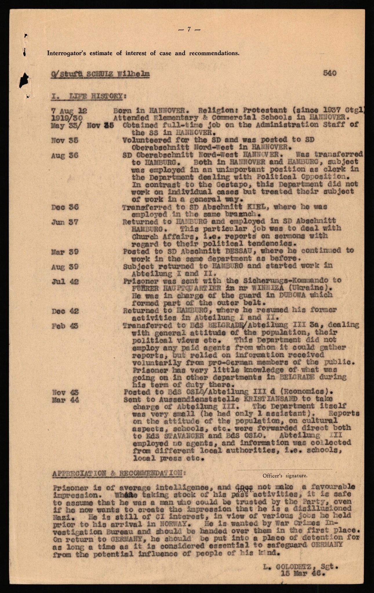 Forsvaret, Forsvarets overkommando II, AV/RA-RAFA-3915/D/Db/L0030: CI Questionaires. Tyske okkupasjonsstyrker i Norge. Tyskere., 1945-1946, p. 398