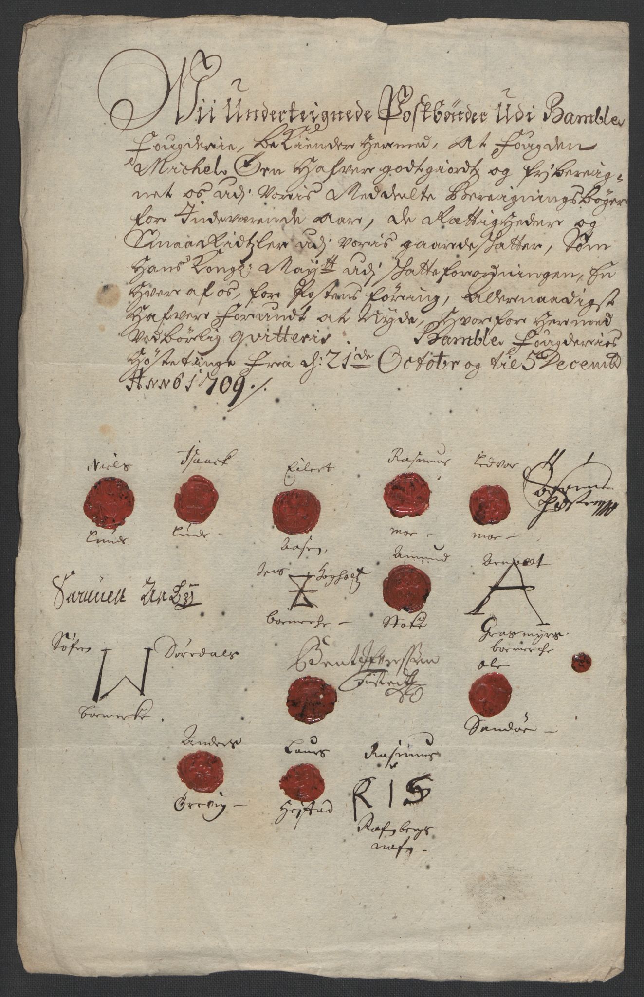 Rentekammeret inntil 1814, Reviderte regnskaper, Fogderegnskap, AV/RA-EA-4092/R36/L2118: Fogderegnskap Øvre og Nedre Telemark og Bamble, 1708-1709, p. 263