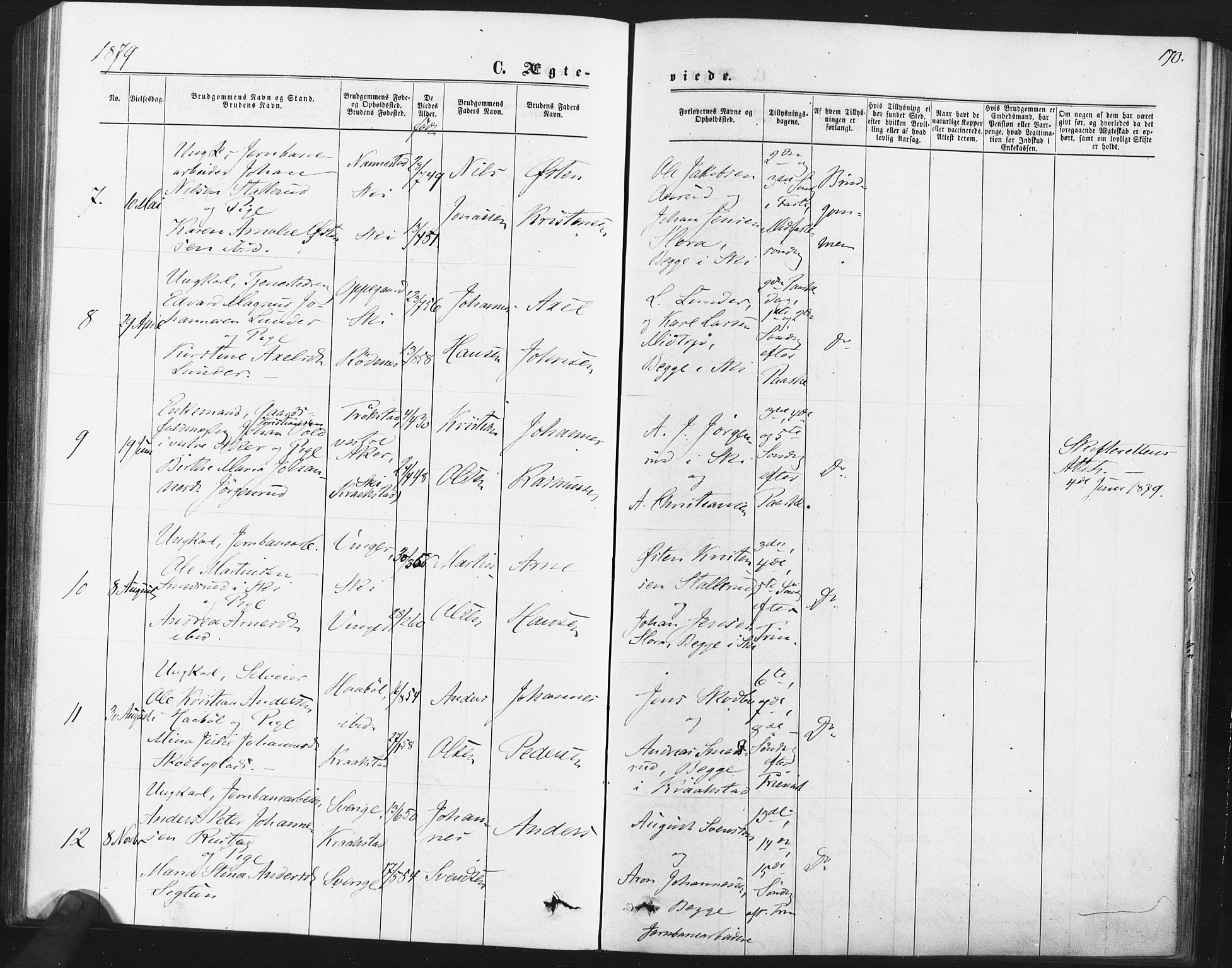 Kråkstad prestekontor Kirkebøker, SAO/A-10125a/F/Fa/L0008: Parish register (official) no. I 8, 1870-1879, p. 170
