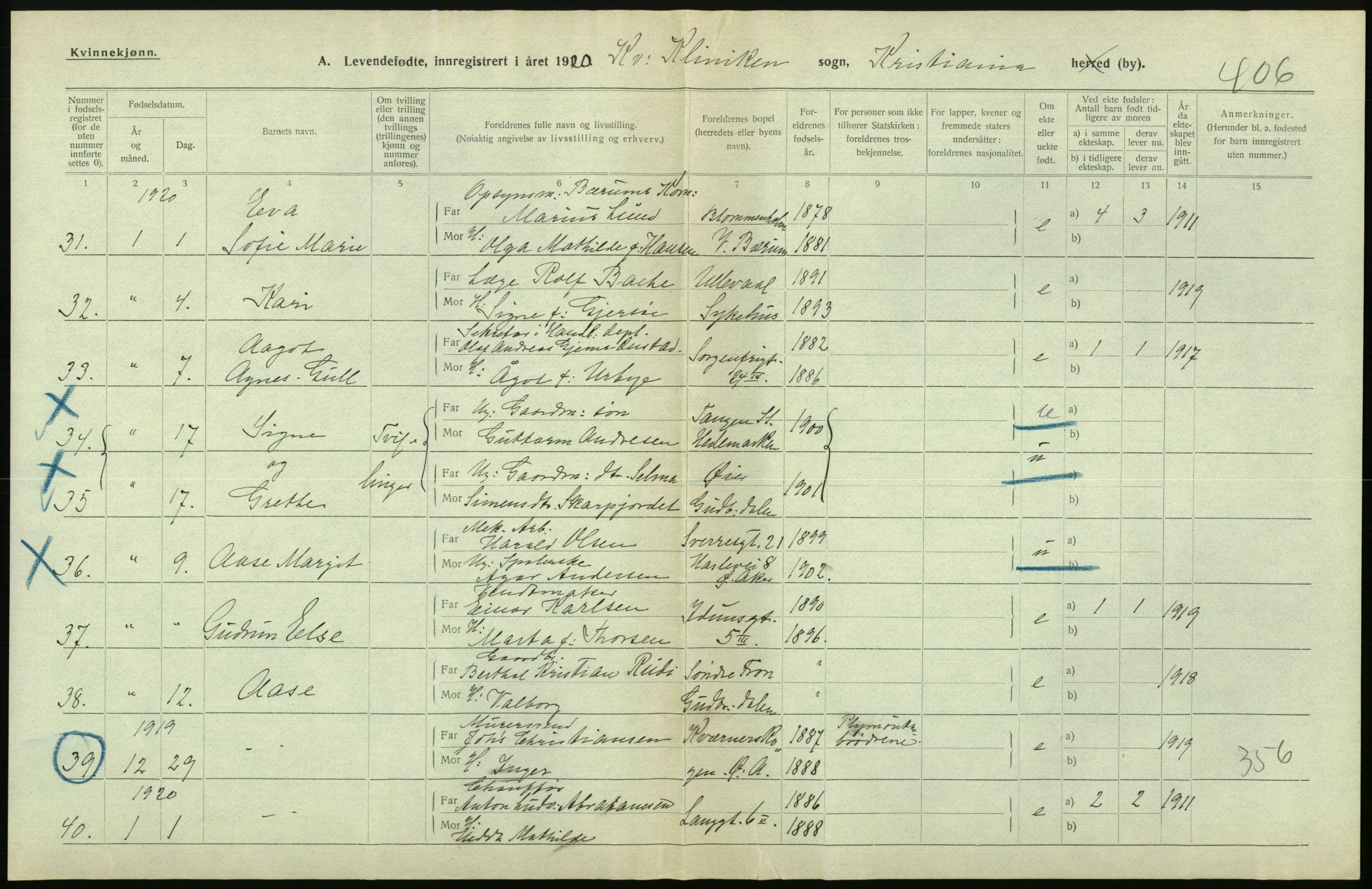 Statistisk sentralbyrå, Sosiodemografiske emner, Befolkning, AV/RA-S-2228/D/Df/Dfb/Dfbj/L0008: Kristiania: Levendefødte menn og kvinner., 1920, p. 532