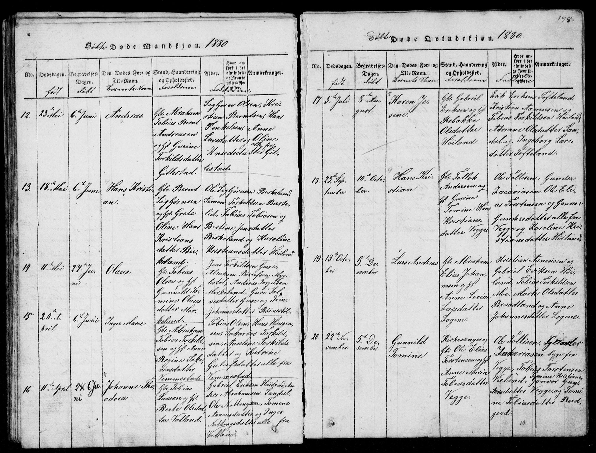 Lyngdal sokneprestkontor, AV/SAK-1111-0029/F/Fb/Fbb/L0001: Parish register (copy) no. B 1, 1816-1900, p. 178