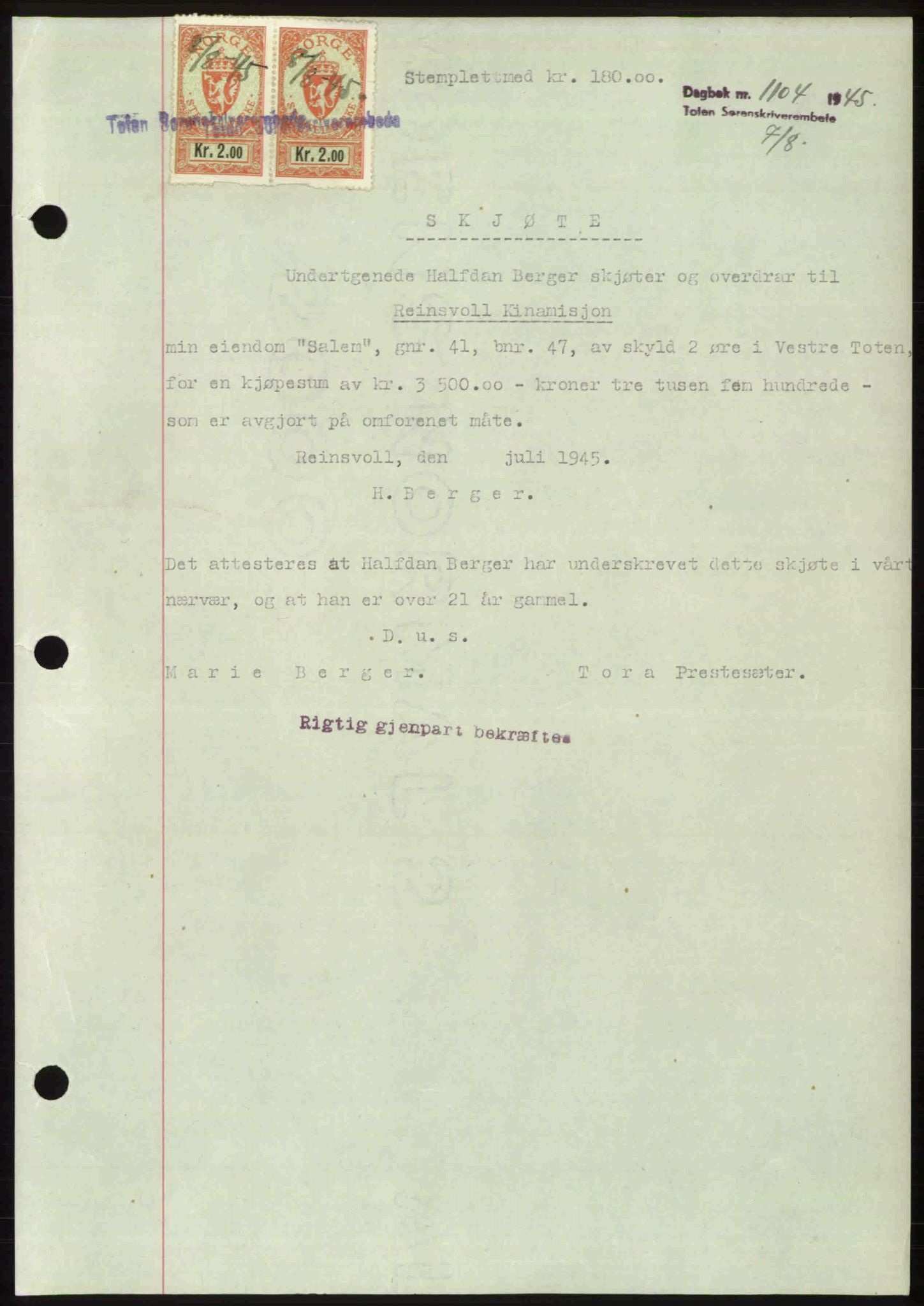 Toten tingrett, SAH/TING-006/H/Hb/Hbc/L0013: Mortgage book no. Hbc-13, 1945-1945, Diary no: : 1104/1945