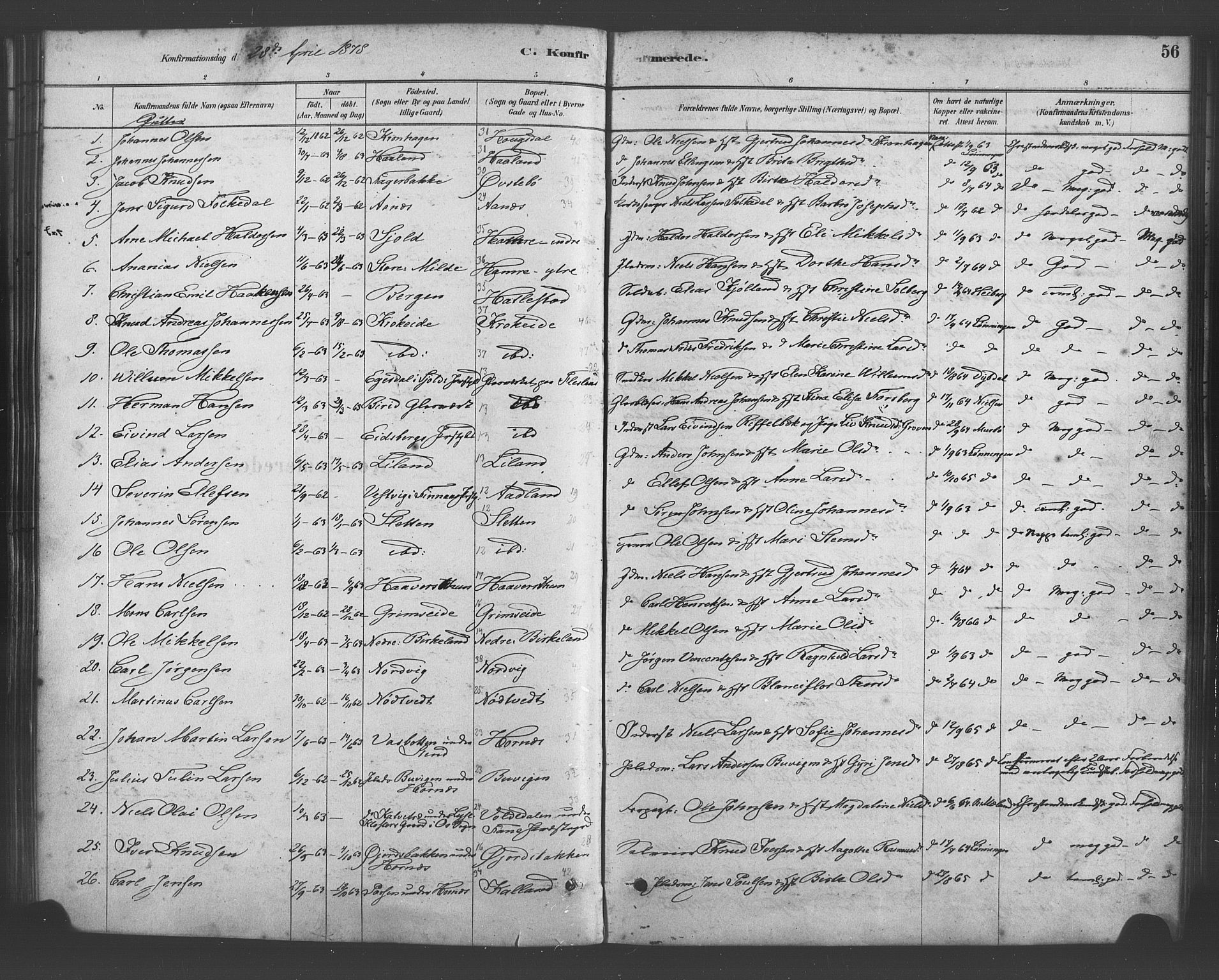 Fana Sokneprestembete, AV/SAB-A-75101/H/Haa/Haab/L0001: Parish register (official) no. B 1, 1878-1889, p. 56