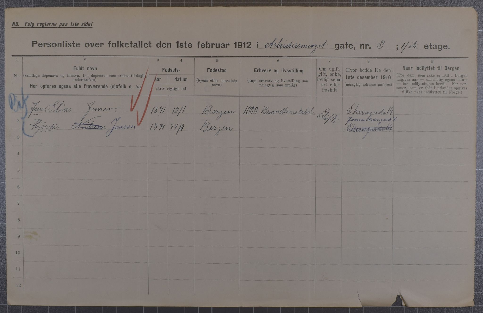 SAB, Municipal Census 1912 for Bergen, 1912, p. 1527