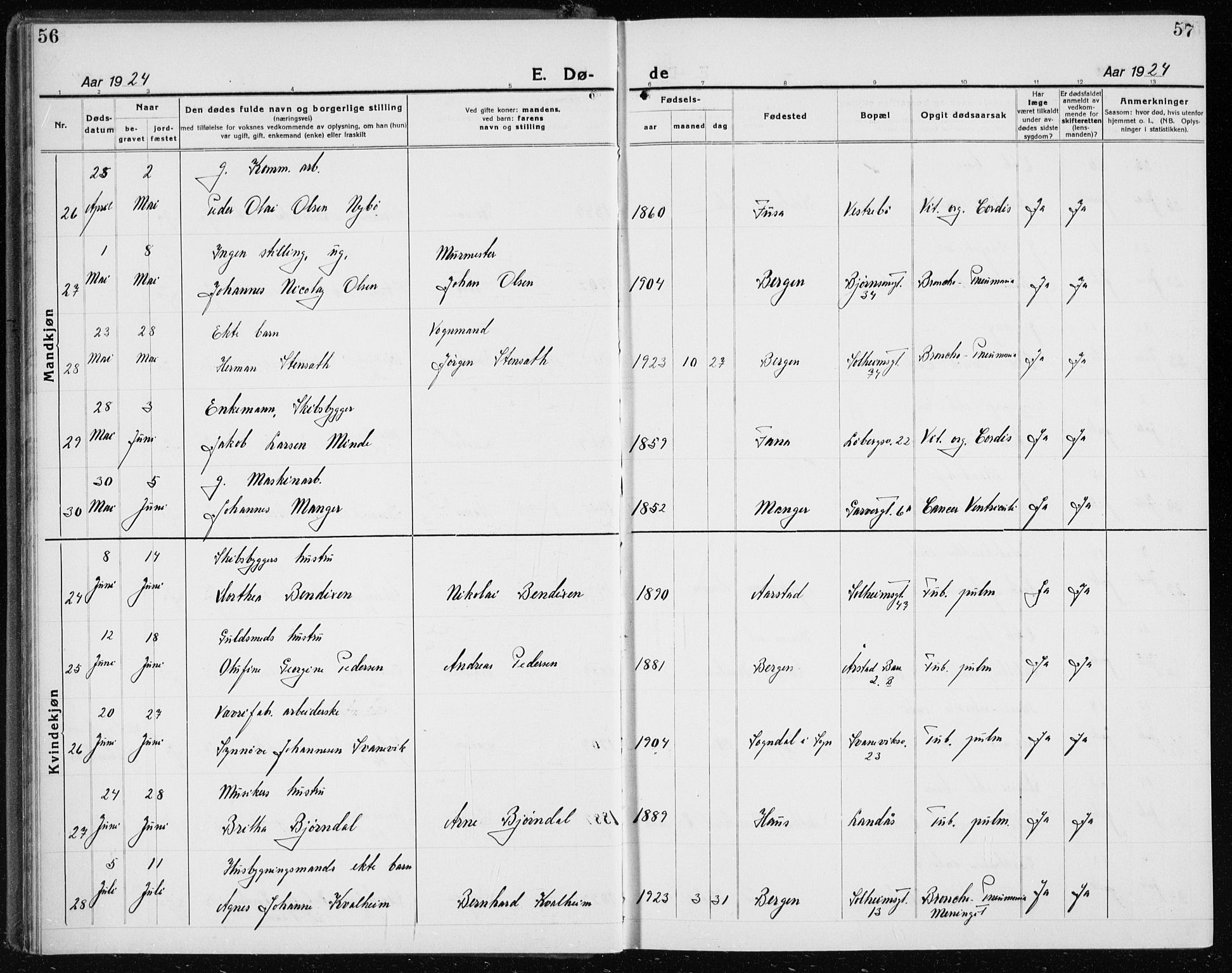 Årstad Sokneprestembete, AV/SAB-A-79301/H/Hab/L0025: Parish register (copy) no. D 2, 1922-1940, p. 56-57